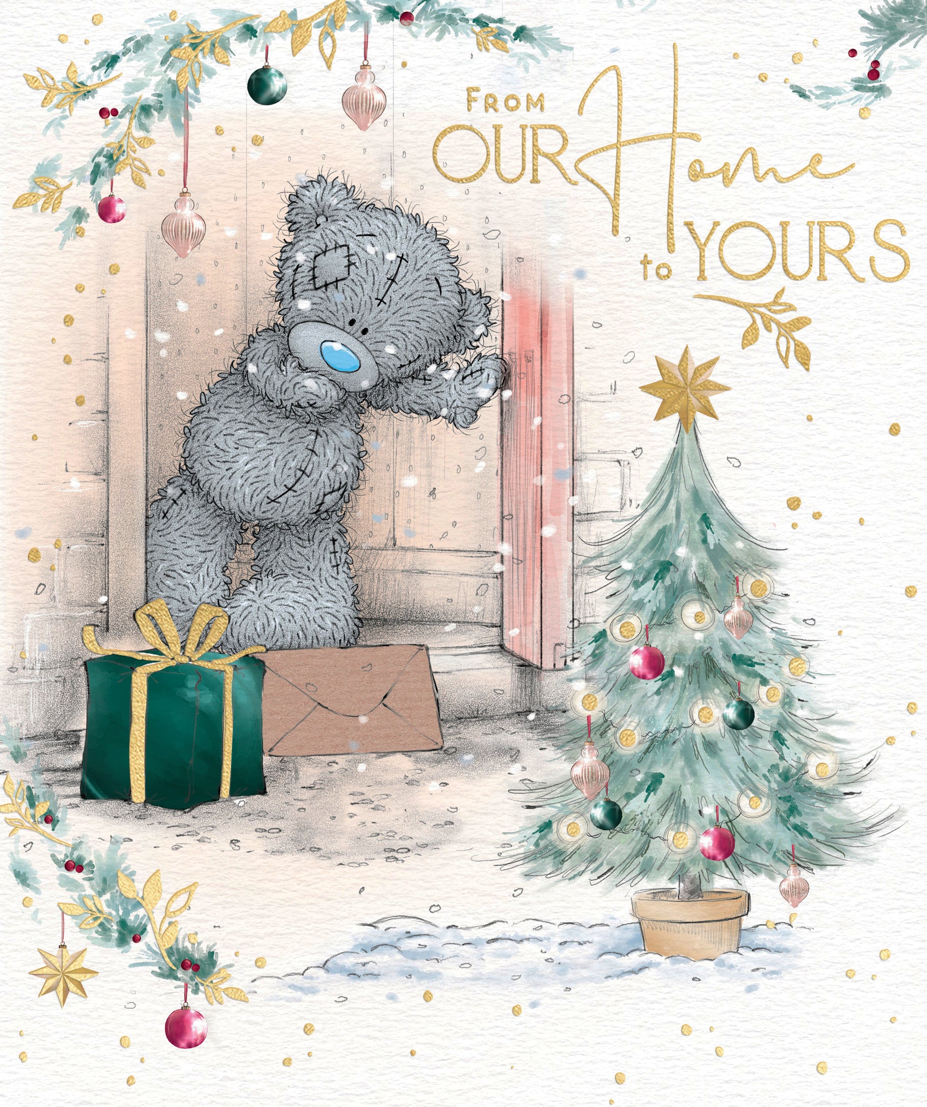 Me to You Tatty Teddy Christmas Card To Family And Friends, Tatty Teddy Peeking Out From The Front Door, 6 x 7 Inches - Official Collection