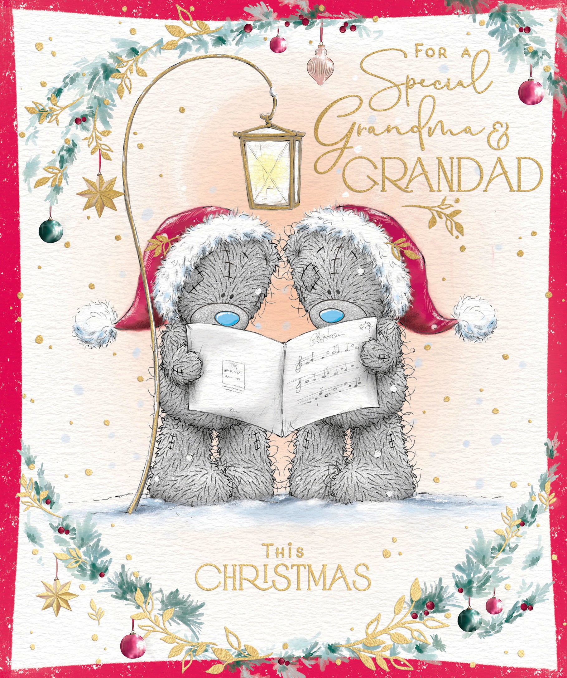 Me to You Tatty Teddy Christmas Card For A Special Grandma And Grandad, Two Tatty Teddy Bears Singing Carols By A Lantern, 6 x 7 Inches - Official Collection