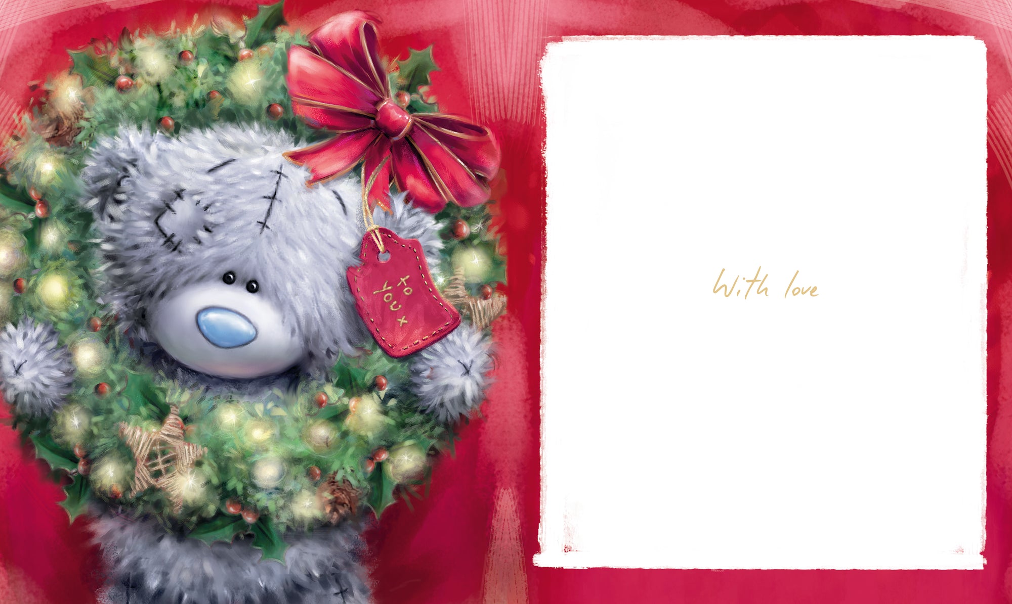 Me to You Tatty Teddy Christmas Card To Family And Friends, Tatty Teddy Peeking Through A Christmas Wreath, 6 x 7 Inches - Official Collection