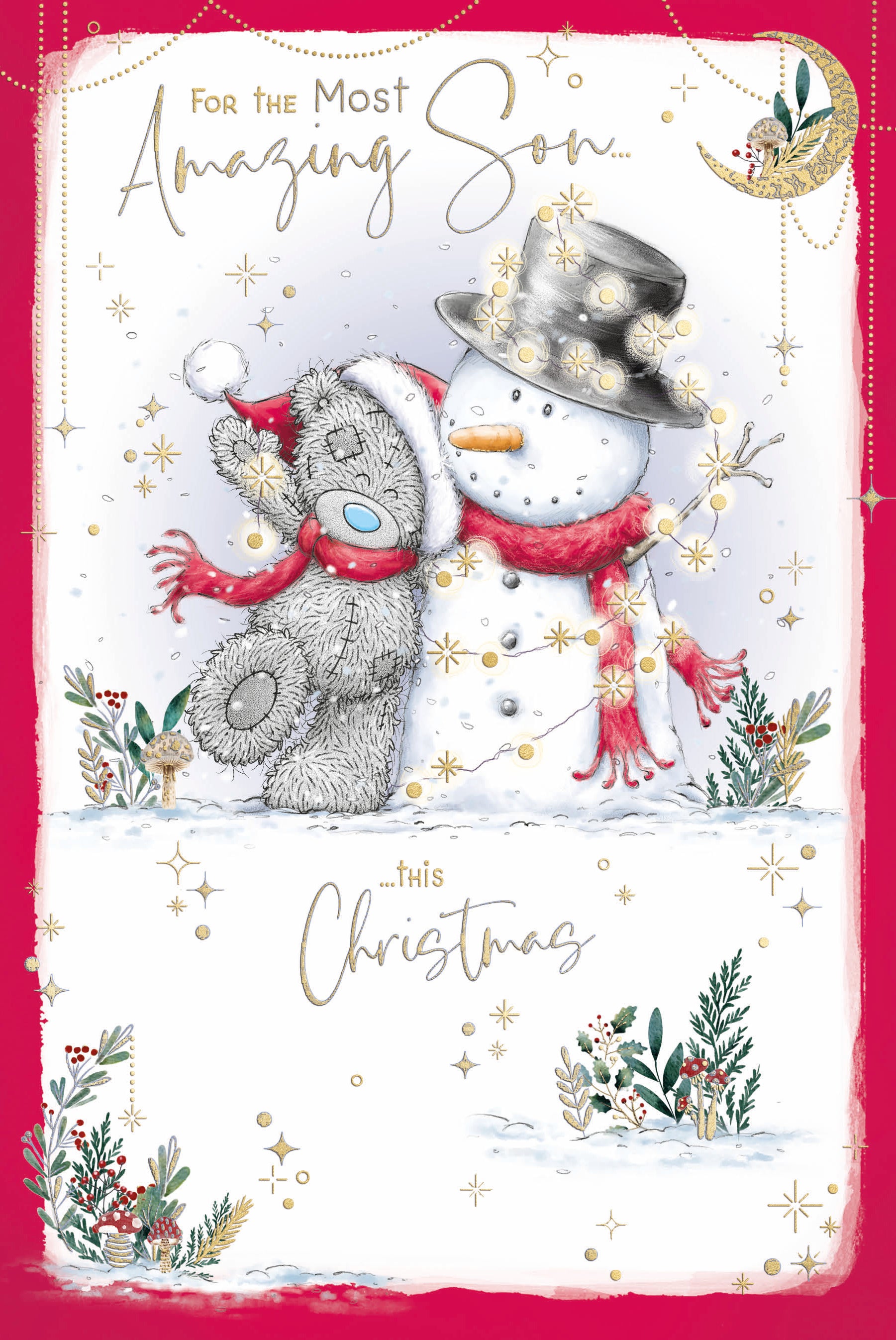 Me To You Tatty Teddy Christmas Card To An Amazing Son Tatty Teddy With Snowman 6x9ins - Official Collection