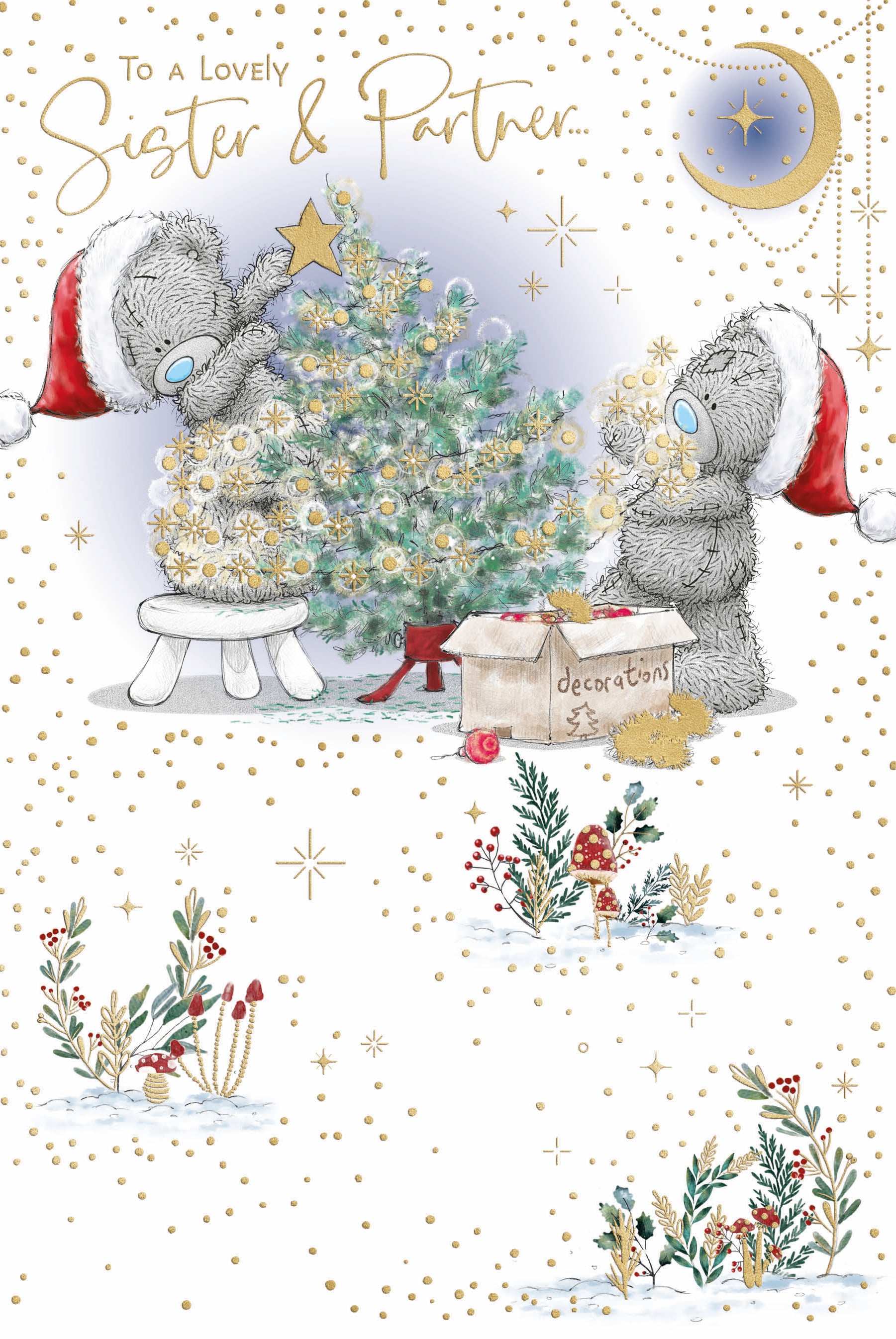 Me To You Tatty Teddy Christmas Card To Sister And Partner, Tatty Teddy Bears Decorating Tree 6x9ins - Official Collection