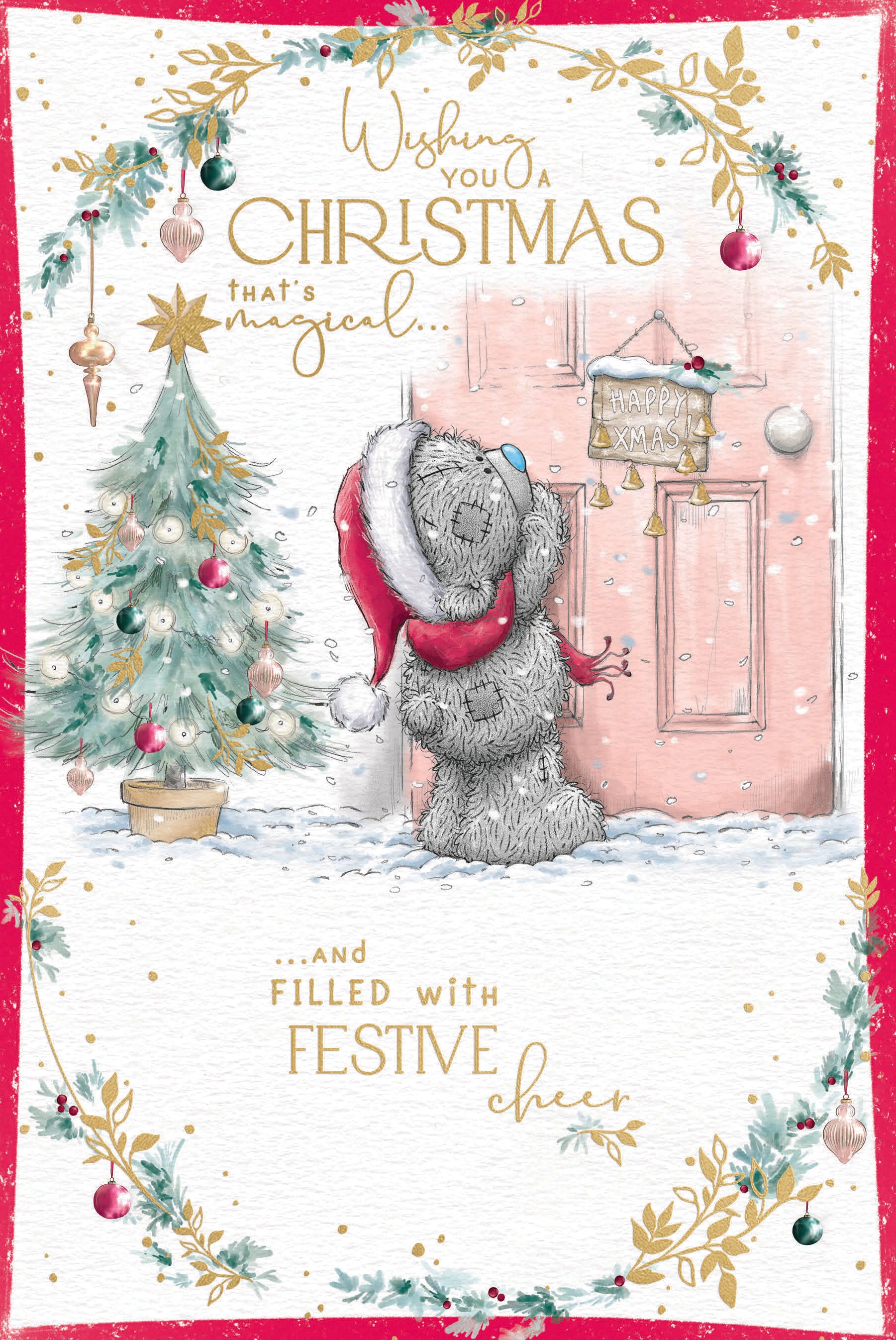 Me to You Tatty Teddy Christmas Card To Family And Friends, Tatty Teddy Knocking At A Festive Front Door, 6 x 9 Inches - Official Collection
