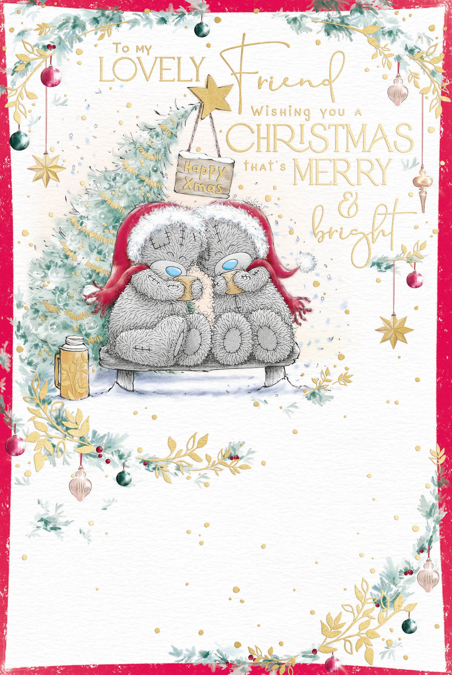 Me to You Tatty Teddy Christmas Card To A Lovely Friend, Two Tatty Teddy Bears Sharing Mugs In The Snow, 6 x 9 Inches - Official Collection