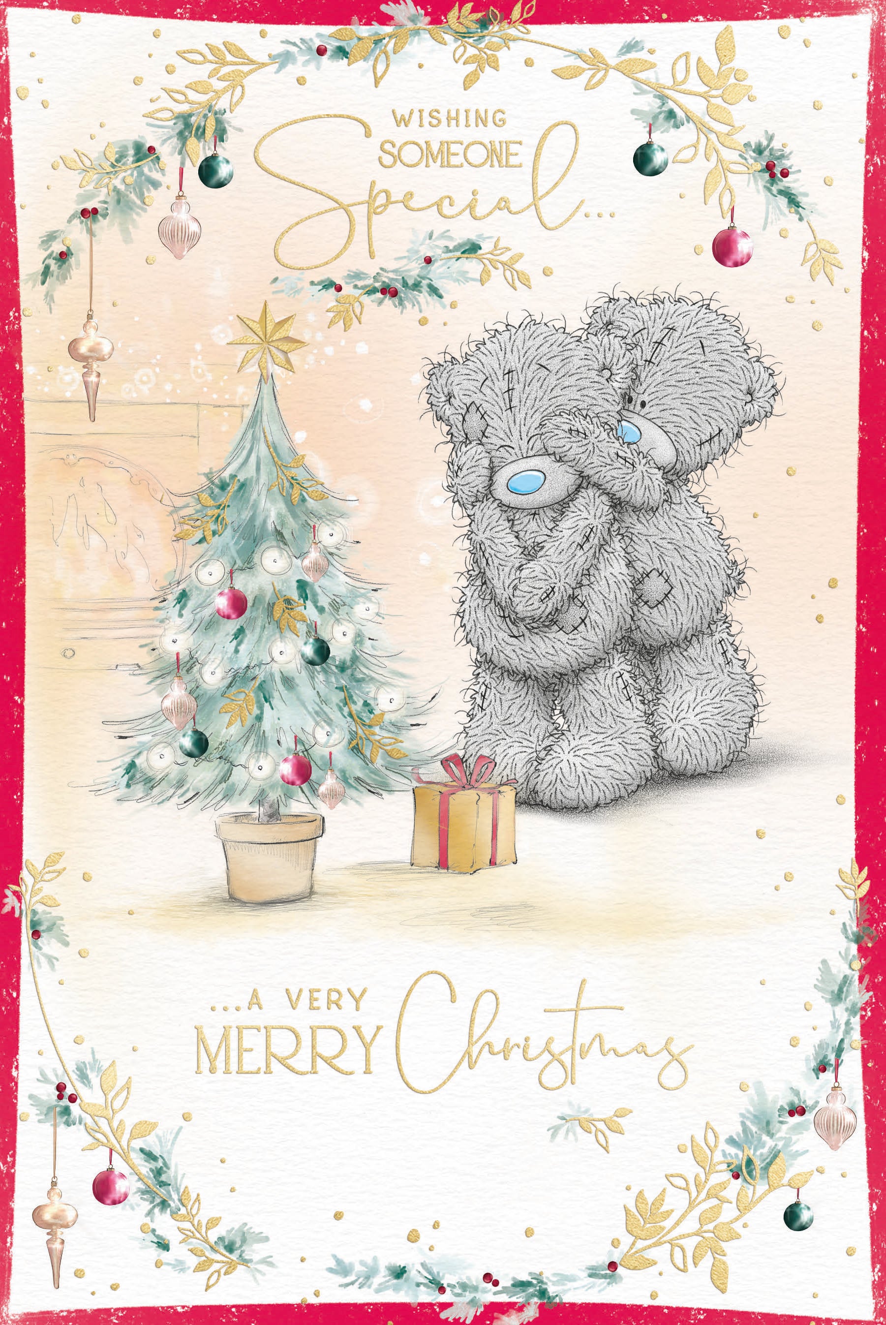 Me to You Tatty Teddy Christmas Card To Someone Special, Tatty Teddy Beside A Decorated Tree Holding A Present, 6 x 9 Inches - Official Collection