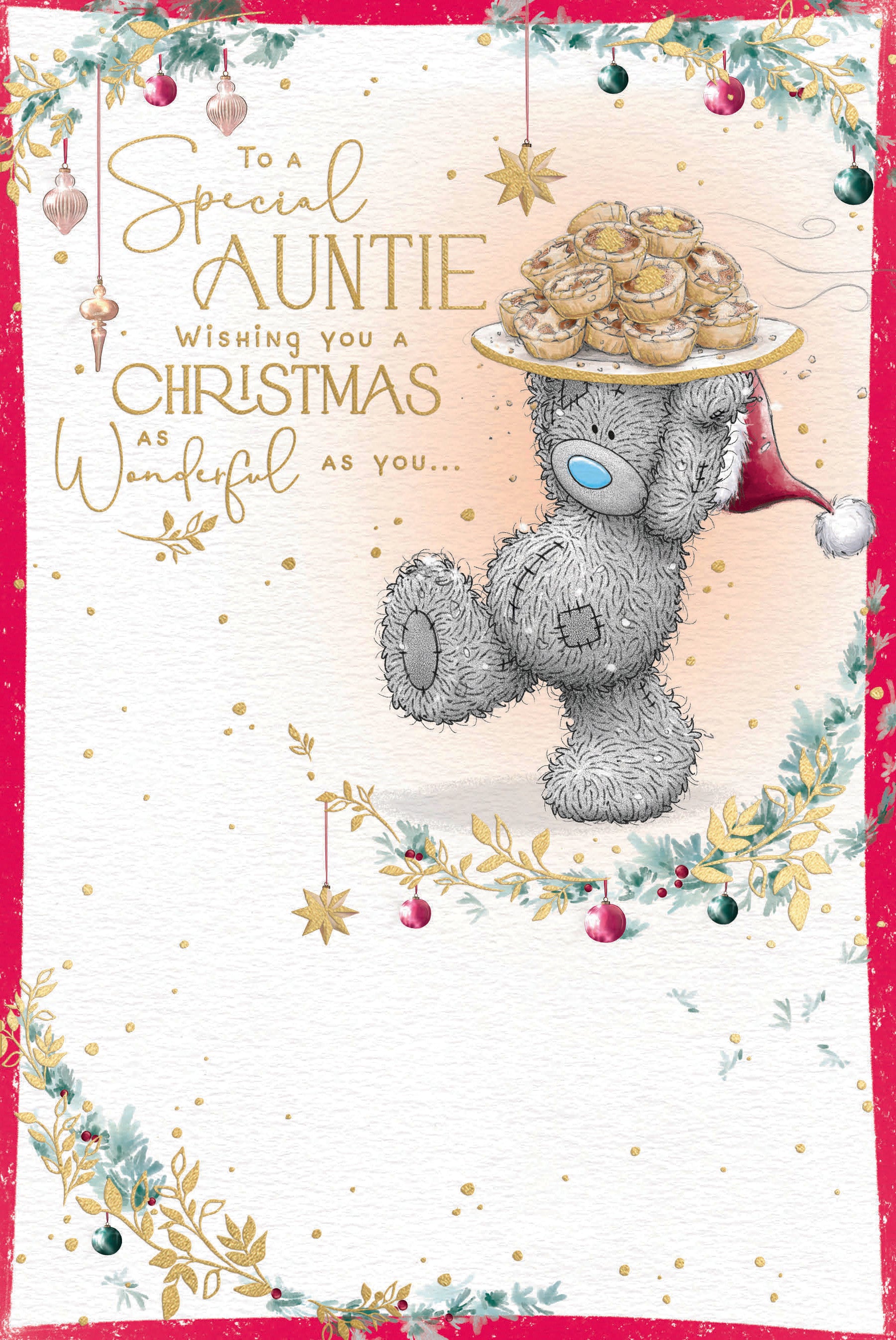 Me to You Tatty Teddy Christmas Card To A Special Auntie, Tatty Teddy Balancing A Plate Of Mince Pies, 6 x 9 Inches - Official Collection