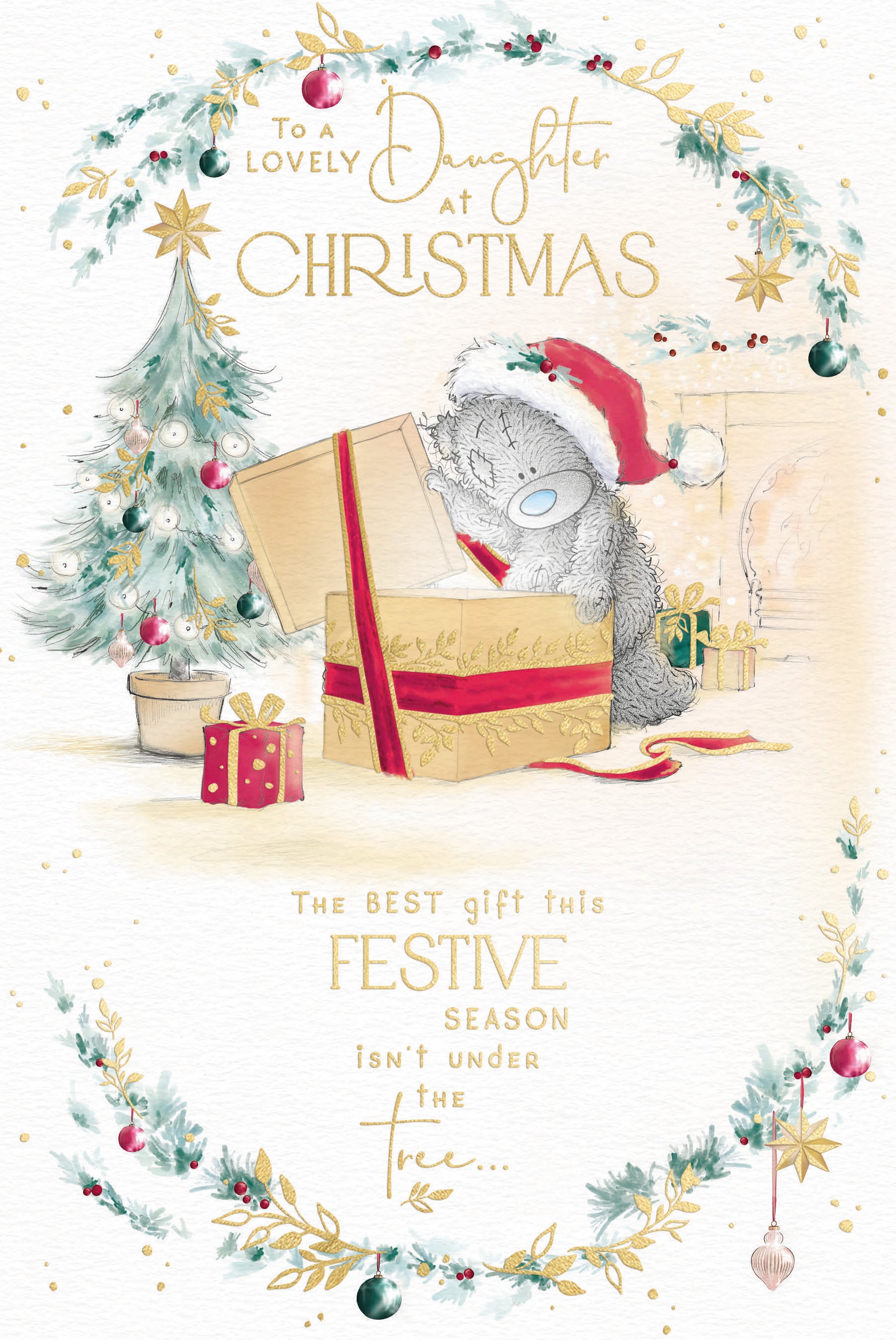 Me to You Tatty Teddy Christmas Card To A Lovely Daughter, Tatty Teddy Opening A Christmas Present, 6 x 9 Inches - Official Collection