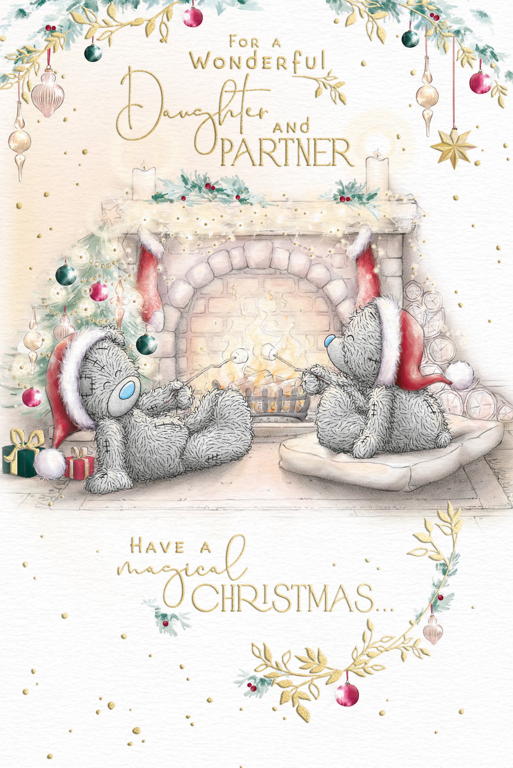 Me to You Tatty Teddy Christmas Card To A Wonderful Daughter And Partner, Two Tatty Teddy Bears Toasting Marshmallows By The Fire, 6 x 9 Inches - Official Collection