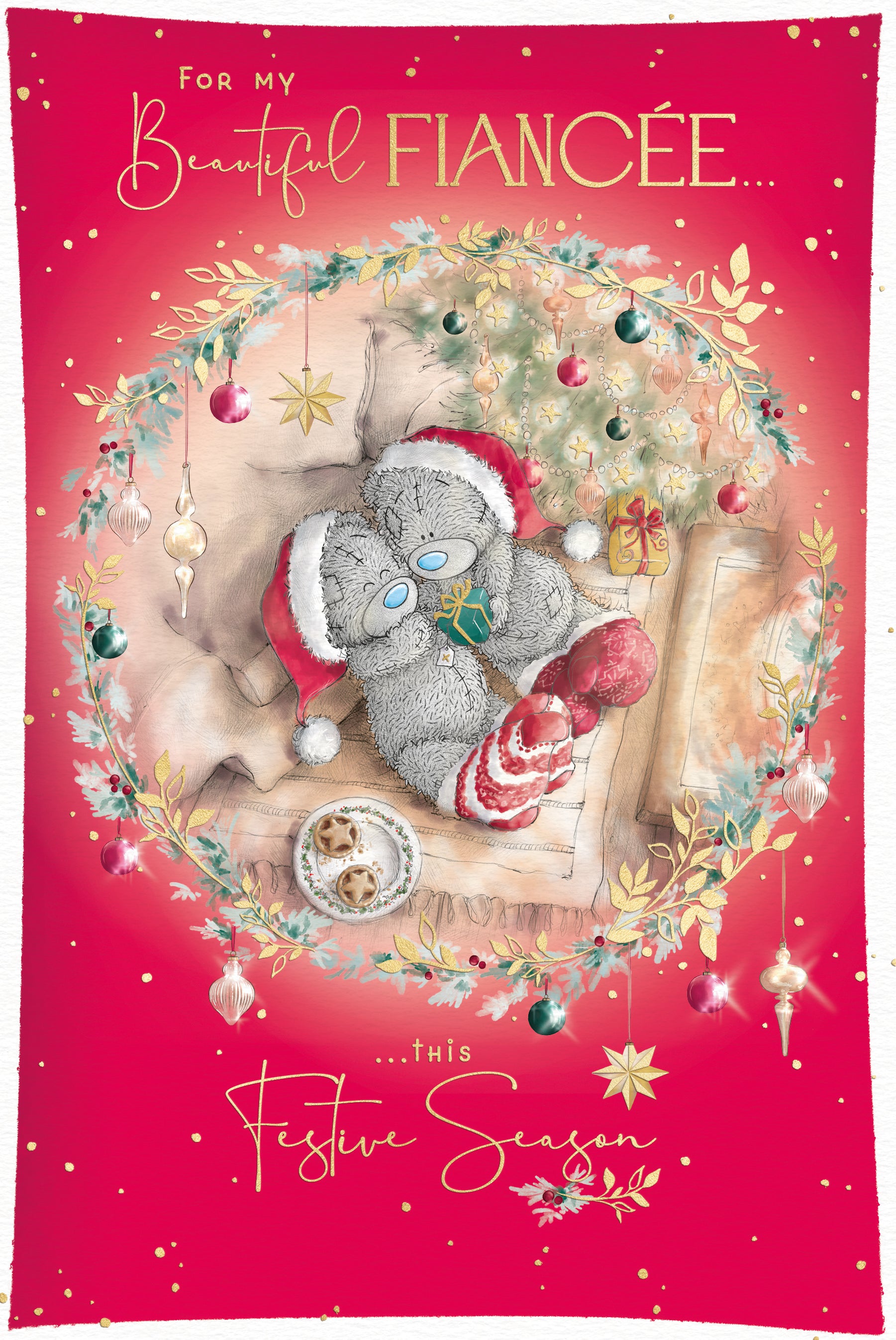 Me to You Tatty Teddy Christmas Card For My Beautiful Fiancée, Two Tatty Teddy Bears Wearing Hats And Socks By The Fire, 6 x 9 Inches - Official Collection