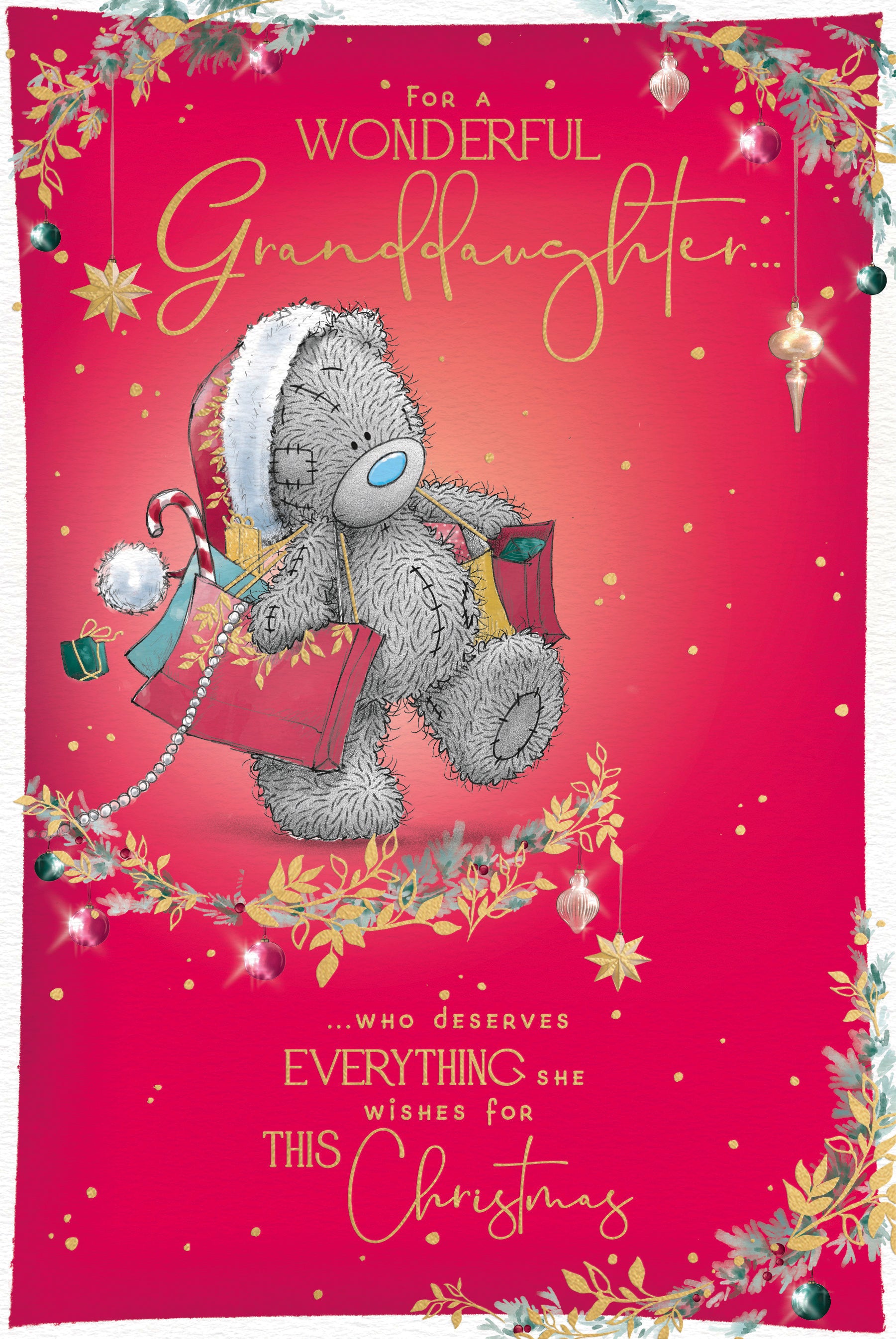 Me to You Tatty Teddy Christmas Card To A Wonderful Granddaughter, Tatty Teddy Carrying Festive Gift Bags, 6 x 9 Inches - Official Collection