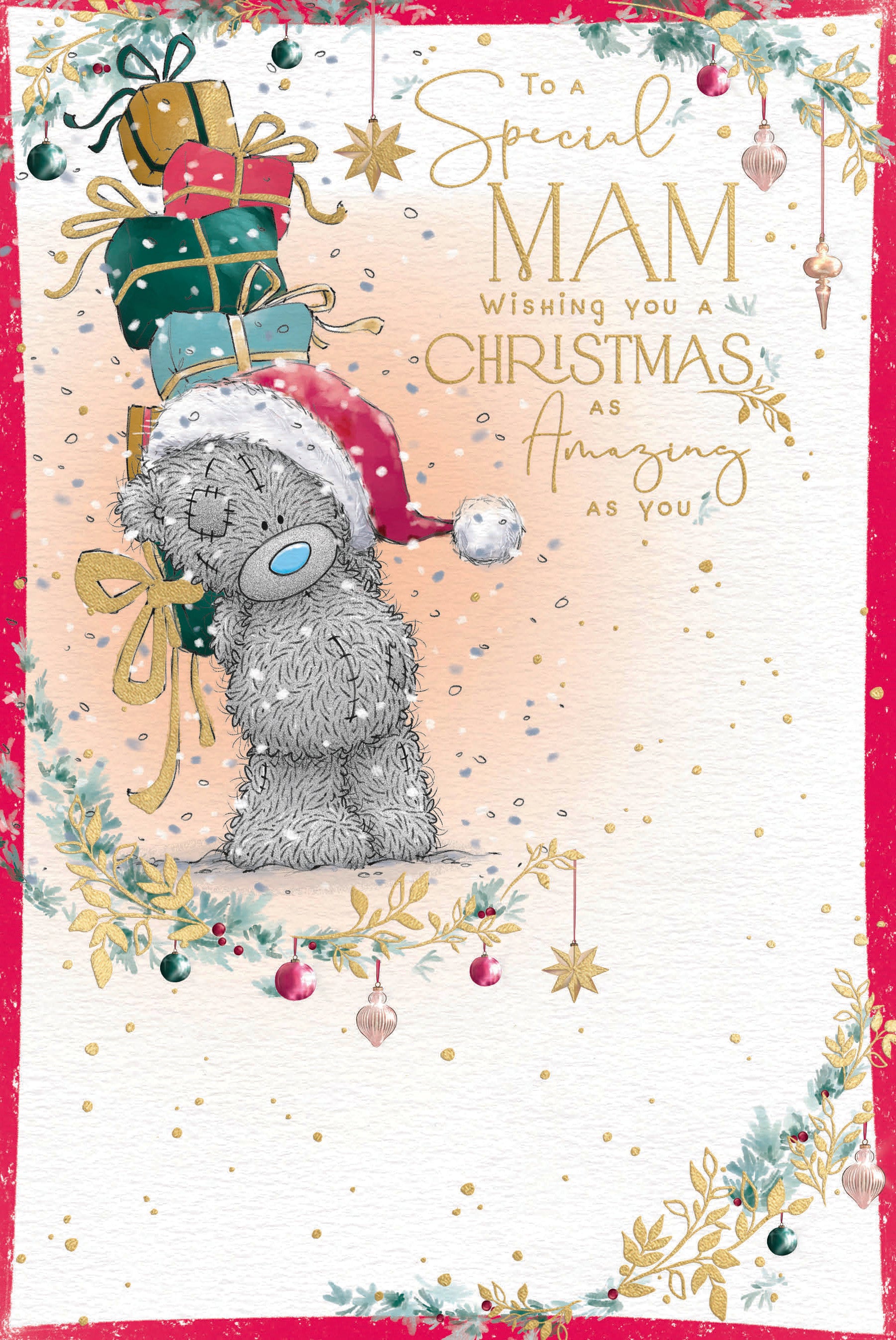 Me to You Tatty Teddy Christmas Card To A Special Mam, Tatty Teddy With A Stack Of Christmas Presents, 6 x 9 Inches - Official Collection