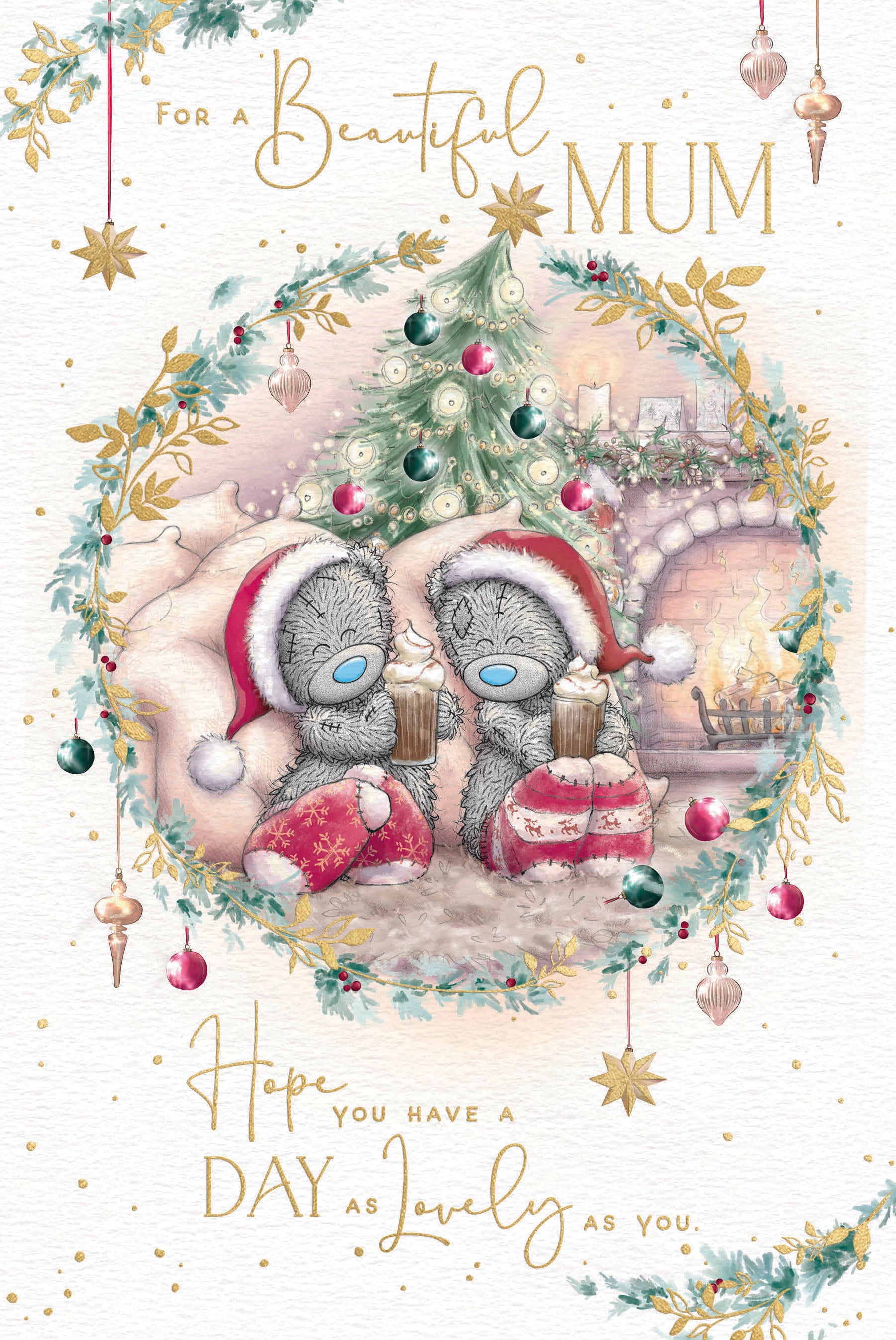 Me to You Tatty Teddy Christmas Card To A Beautiful Mum, Two Tatty Teddy Bears Sat Together With Hot Chocolate, 6 x 9 Inches - Official Collection