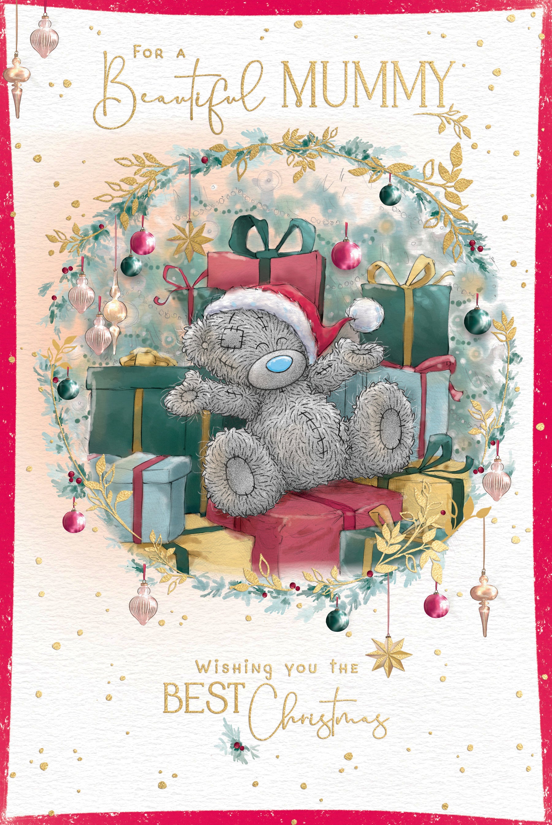 Me to You Tatty Teddy Christmas Card For A Beautiful Mummy, Tatty Teddy Sat Amongst Christmas Presents, 6 x 9 Inches - Official Collection