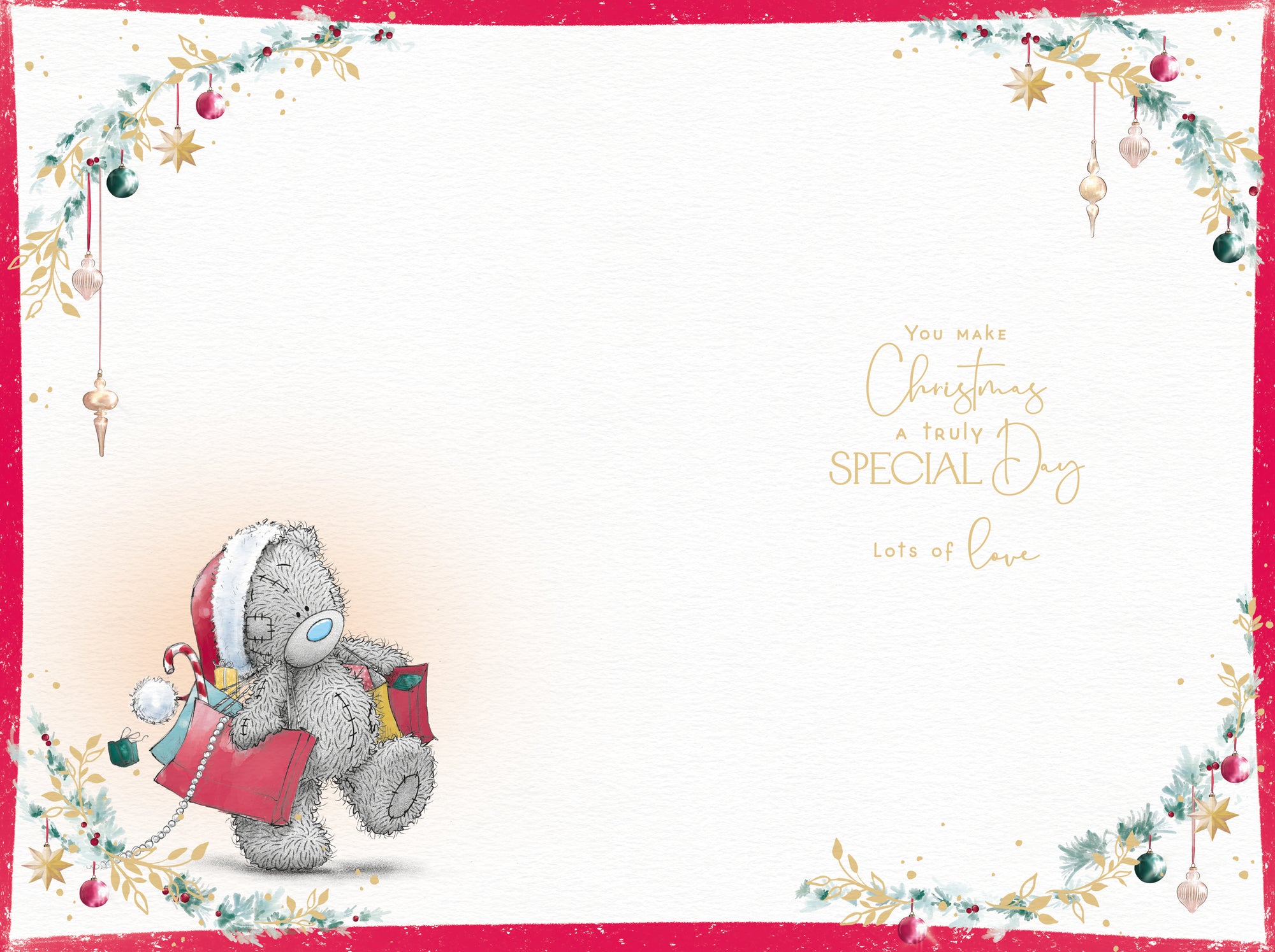 Me to You Tatty Teddy Christmas Card For A Beautiful Mummy, Tatty Teddy Sat Amongst Christmas Presents, 6 x 9 Inches - Official Collection