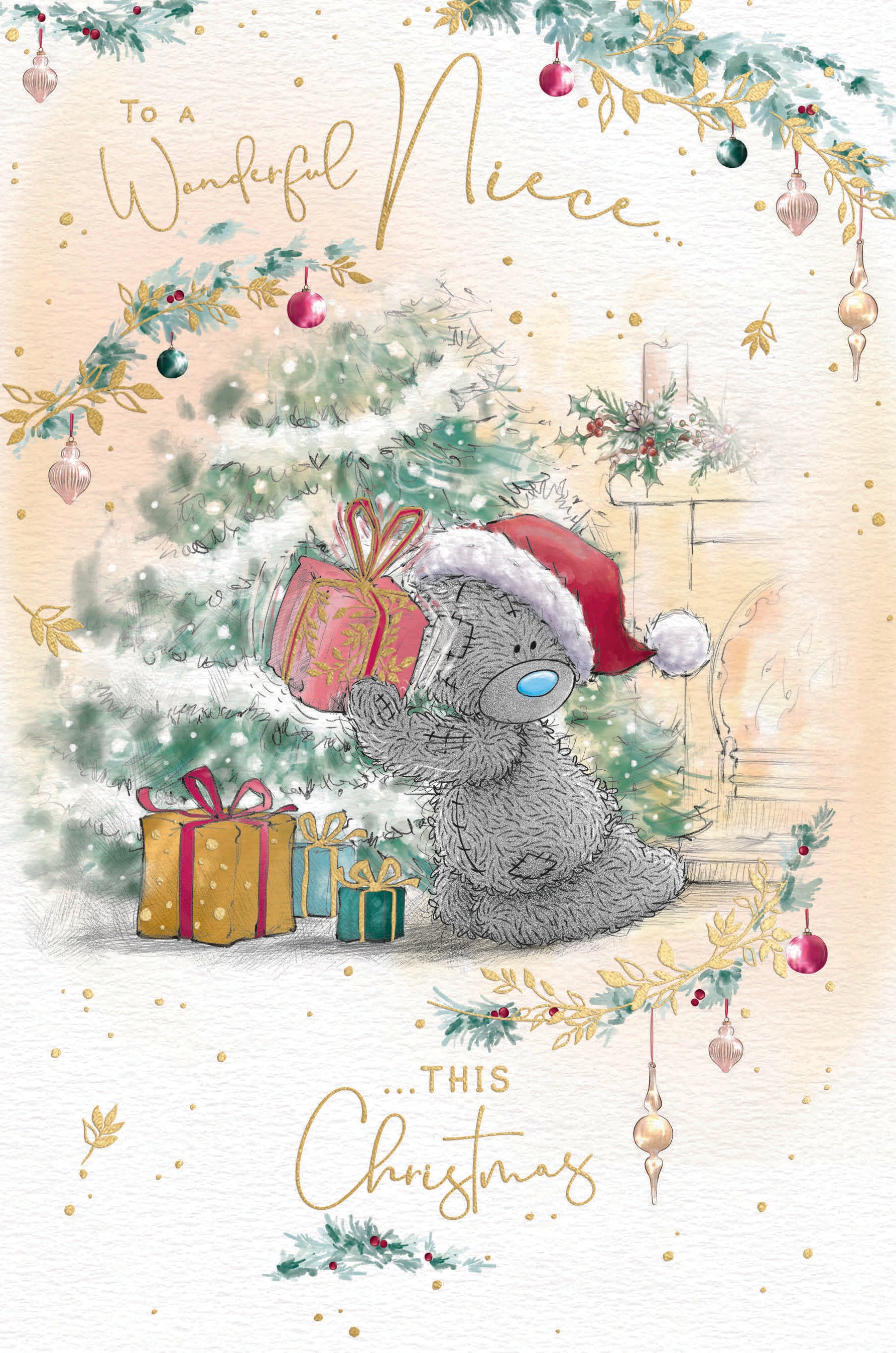 Me to You Tatty Teddy Christmas Card To A Wonderful Niece, Tatty Teddy Holding Up A Christmas Present, 6 x 9 Inches - Official Collection