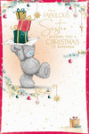 Me to You Tatty Teddy Christmas Card To A Fabulous Sister, Tatty Teddy With A Stack Of Presents Held Above Head, 6 x 9 Inches - Official Collection