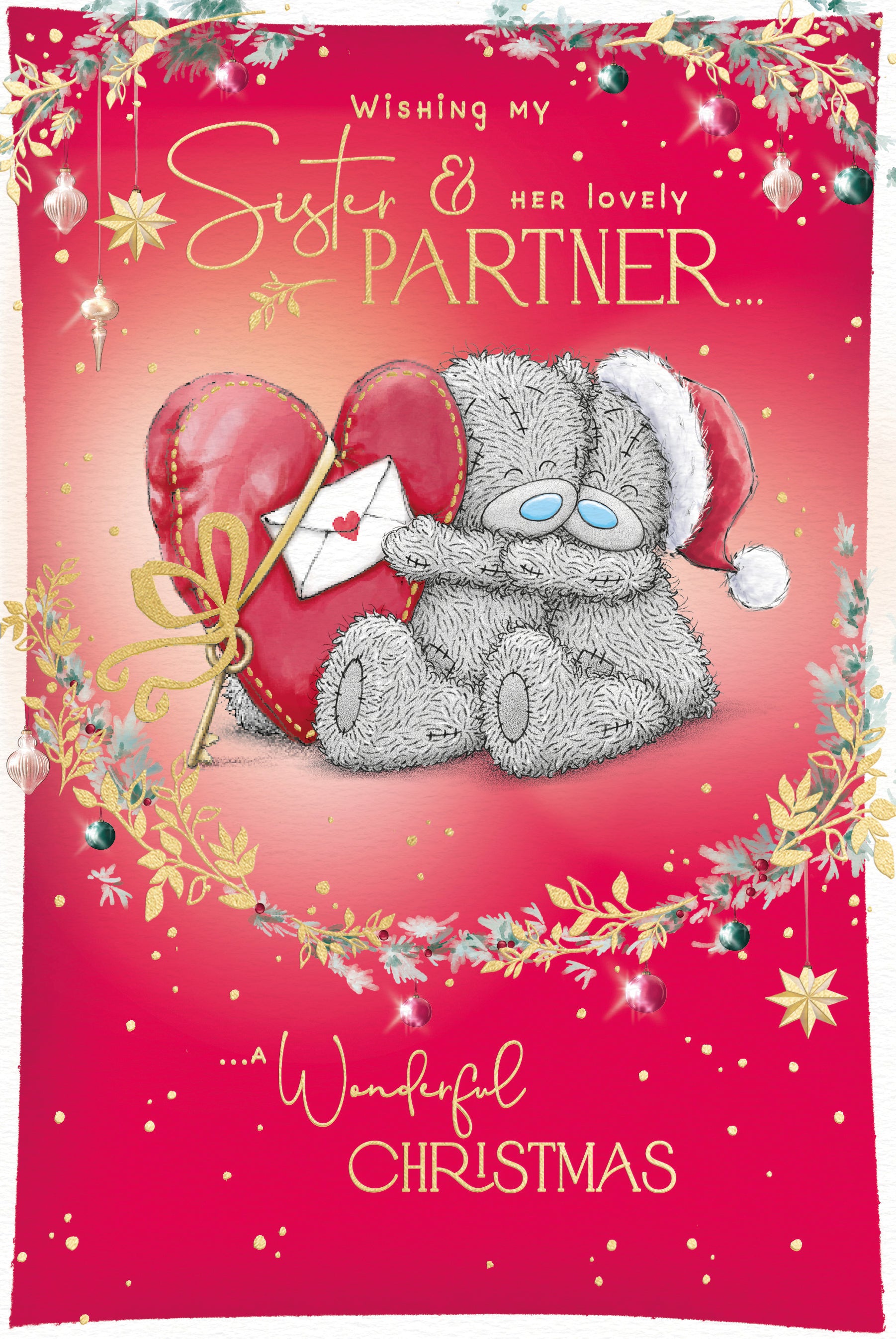 Me to You Tatty Teddy Christmas Card To A Fabulous Sister And Partner, Two Tatty Teddy Bears Sat Together With A Big Red Heart, 6 x 9 Inches - Official Collection