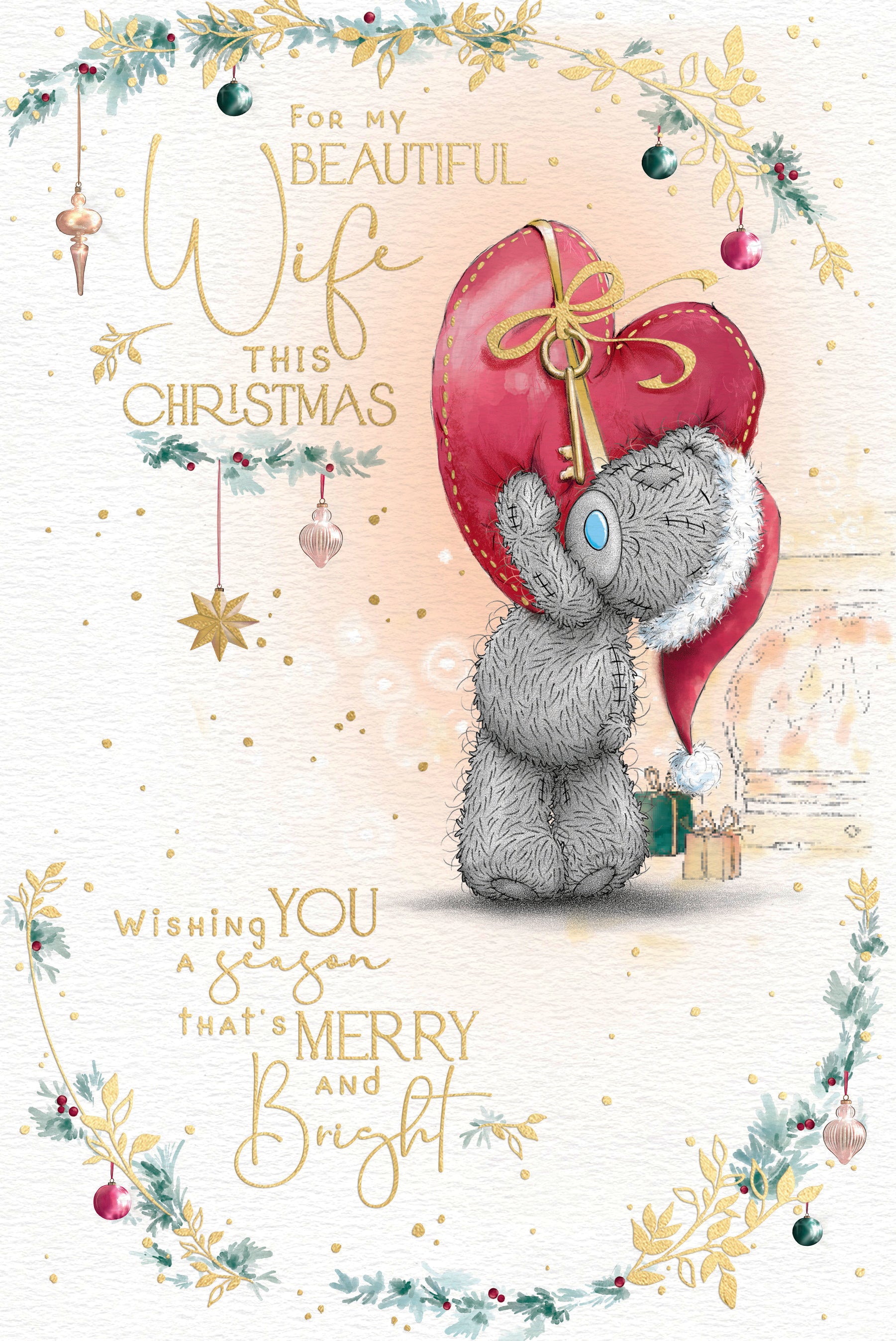 Me to You Tatty Teddy Christmas Card To Your Beautiful Wife, Tatty Teddy Holding Up A Big Red Heart, 6 x 9 Inches - Official Collection