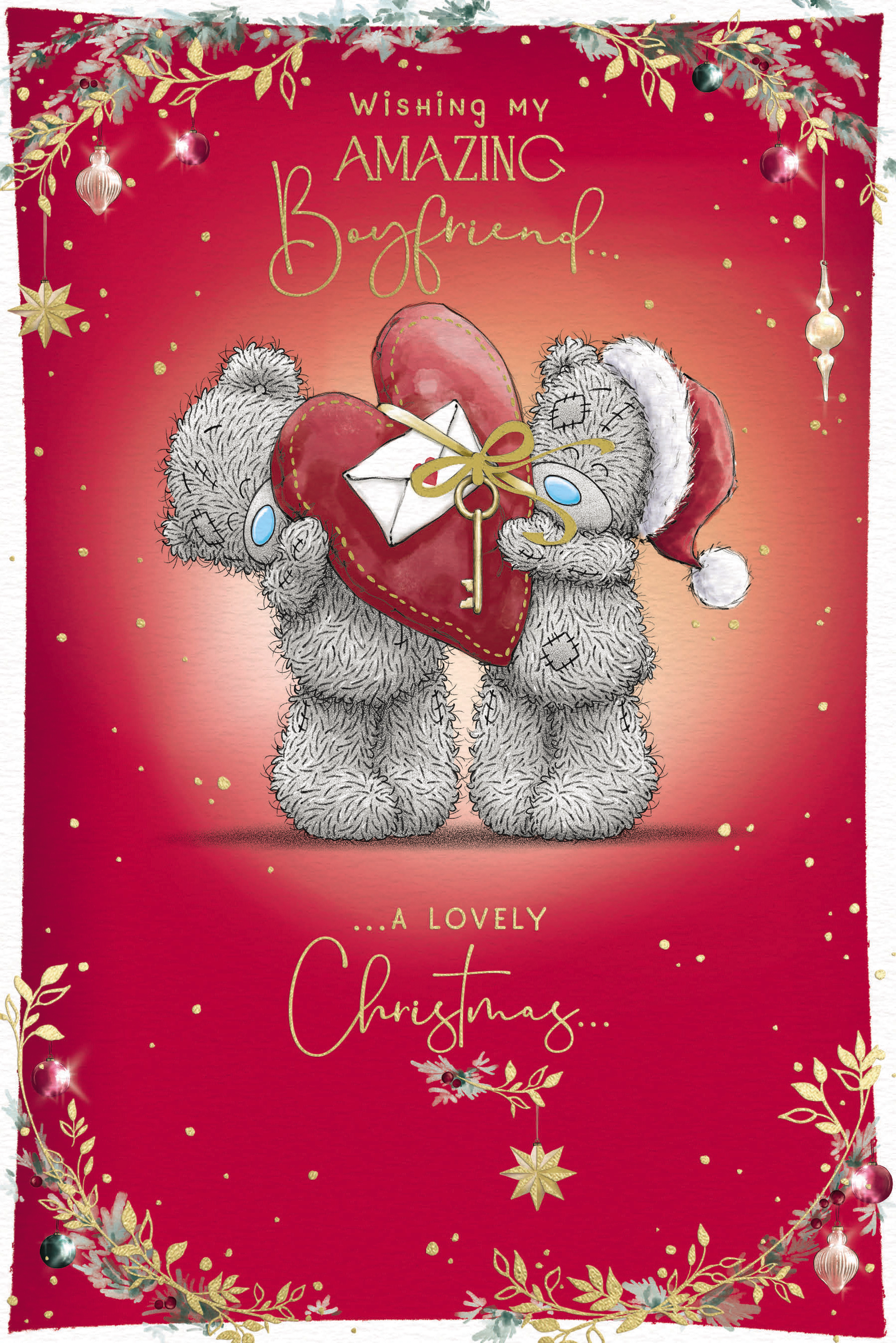 Me to You Tatty Teddy Christmas Card To An Amazing Boyfriend, Tatty Teddy Holding A Large Heart-Shaped Present, 6 x 9 Inches - Official Collection