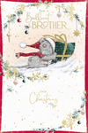 Me to You Tatty Teddy Christmas Card To A Brilliant Brother, Tatty Teddy Pushing A Present Through The Snow, 6 x 9 Inches - Official Collection