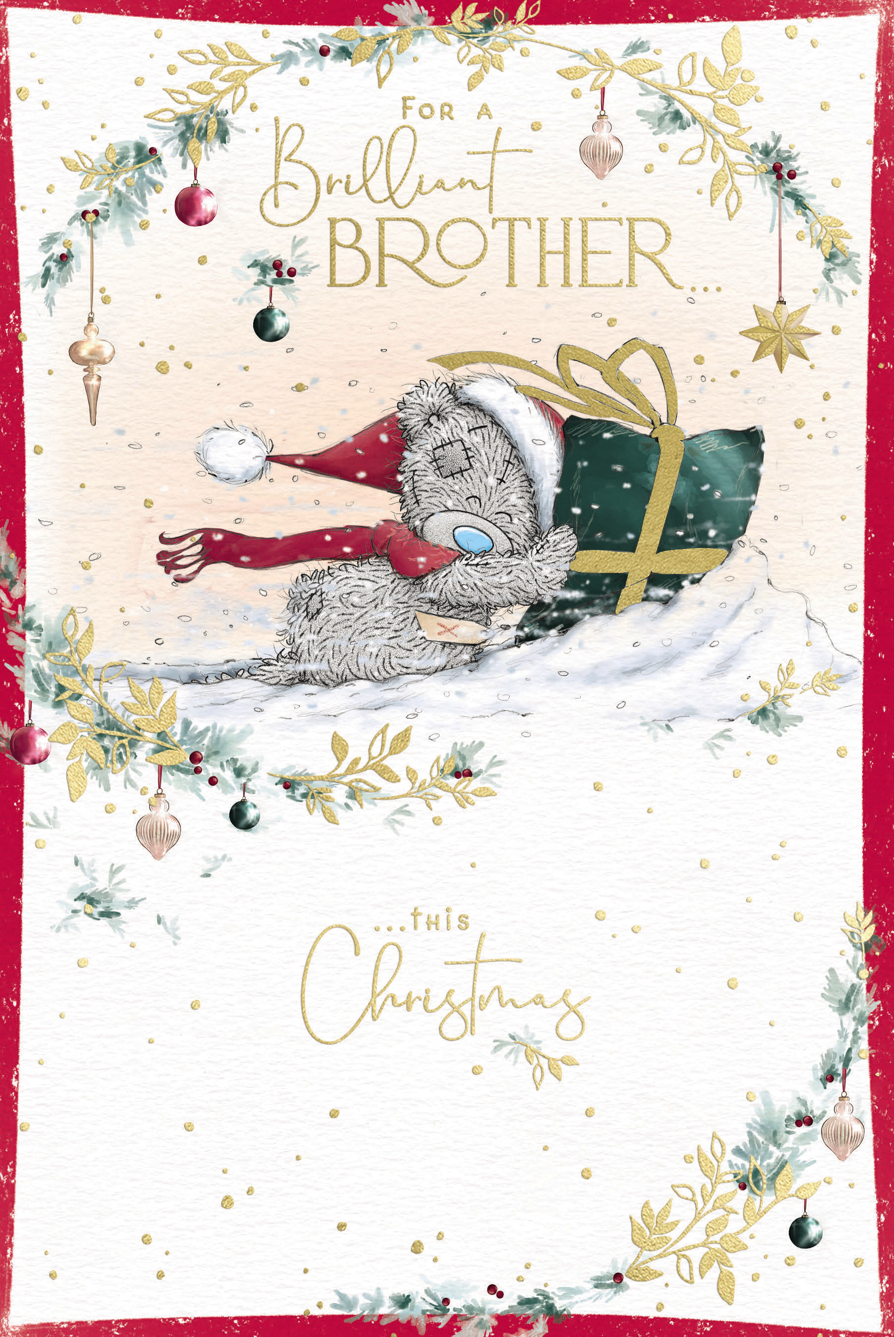 Me to You Tatty Teddy Christmas Card To A Brilliant Brother, Tatty Teddy Pushing A Present Through The Snow, 6 x 9 Inches - Official Collection