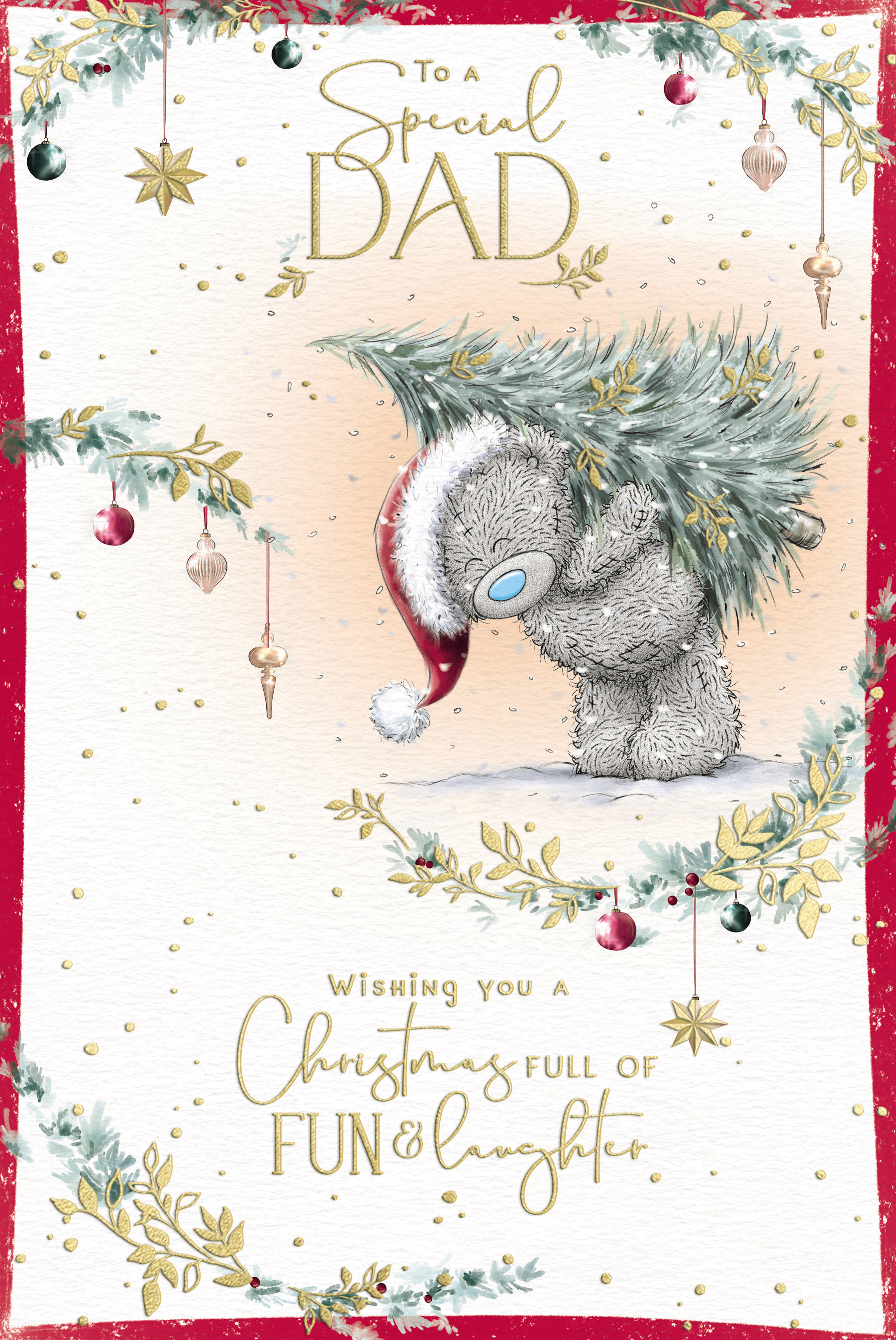 Me to You Tatty Teddy Christmas Card To A Special Dad, Tatty Teddy Carrying A Christmas Tree, 6 x 9 Inches - Official Collection