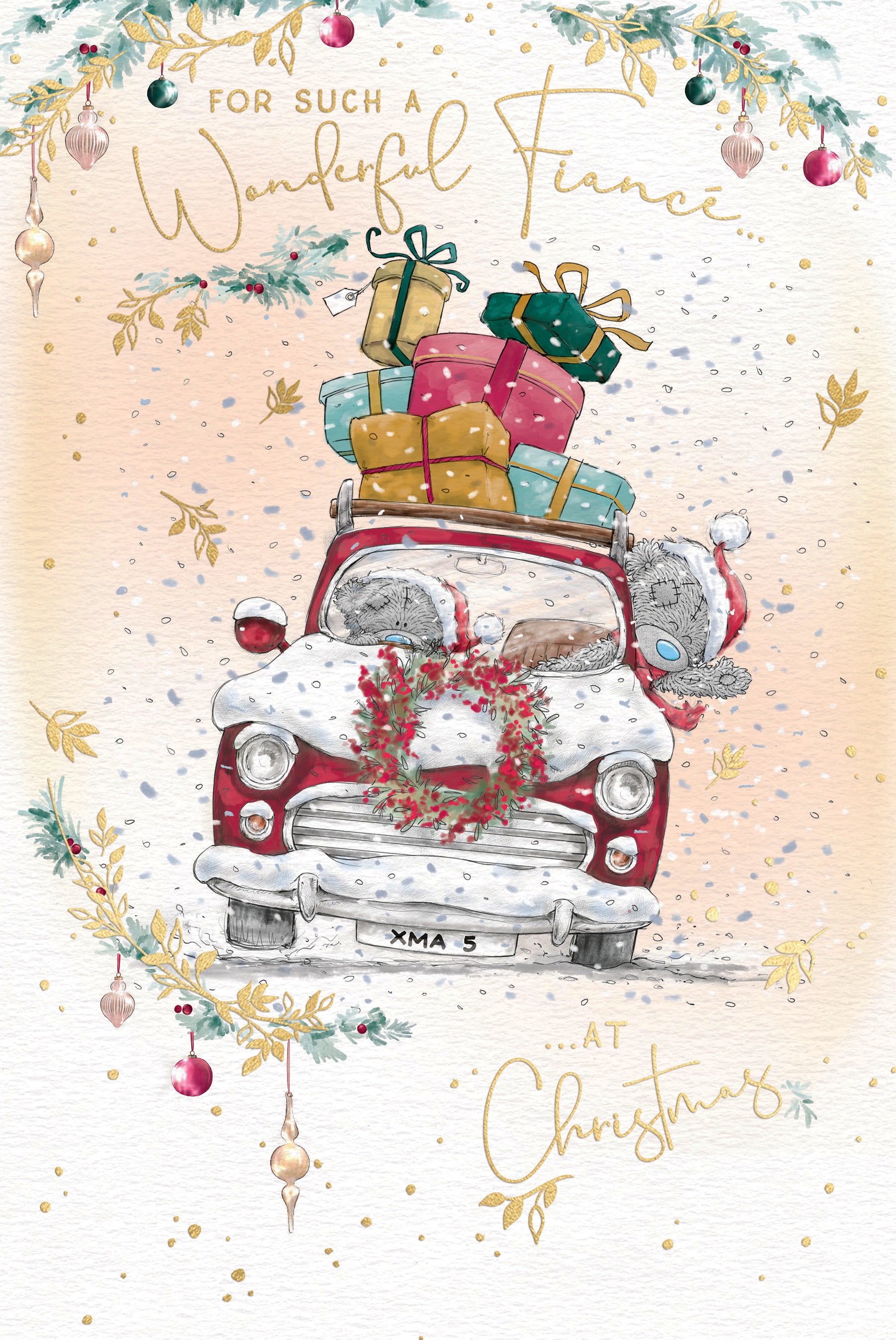Me to You Tatty Teddy Christmas Card To A Wonderful Fiancé, Two Tatty Teddy Bears Riding In A Festive Car, 6 x 9 Inches - Official Collection