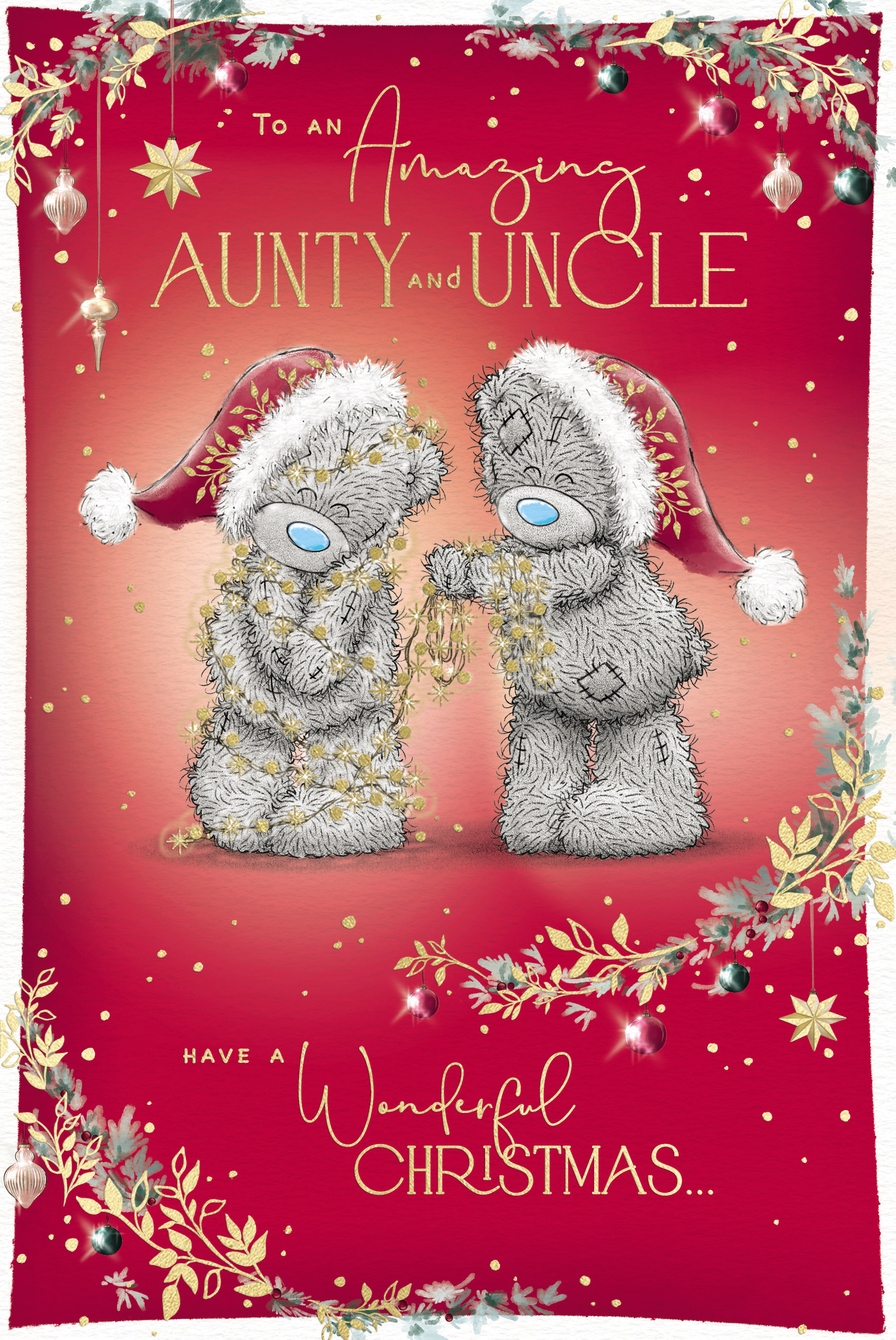 Me to You Tatty Teddy Christmas Card To An Amazing Aunty And Uncle, Two Tatty Teddy Bears Tangled In Fairy Lights, 6 x 9 Inches - Official Collection