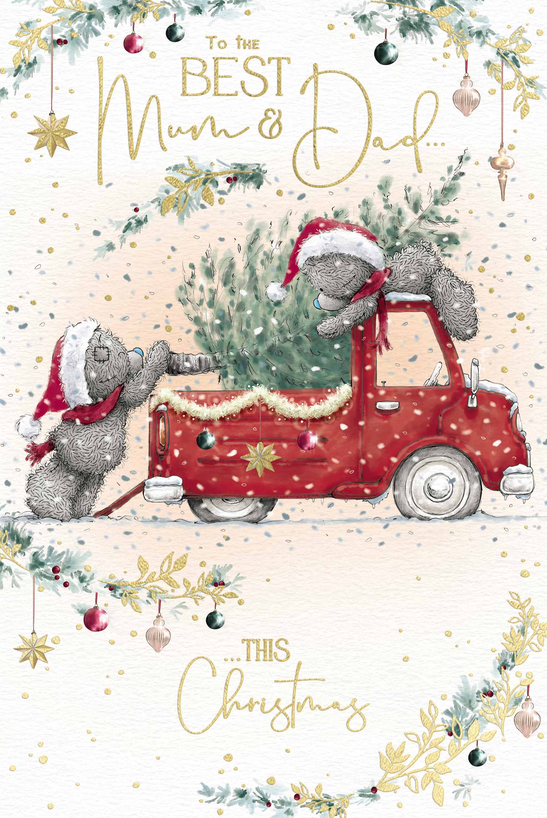 Me to You Tatty Teddy Christmas Card To The Best Mum And Dad, Tatty Teddy Loading A Christmas Tree Onto A Truck, 6 x 9 Inches - Official Collection