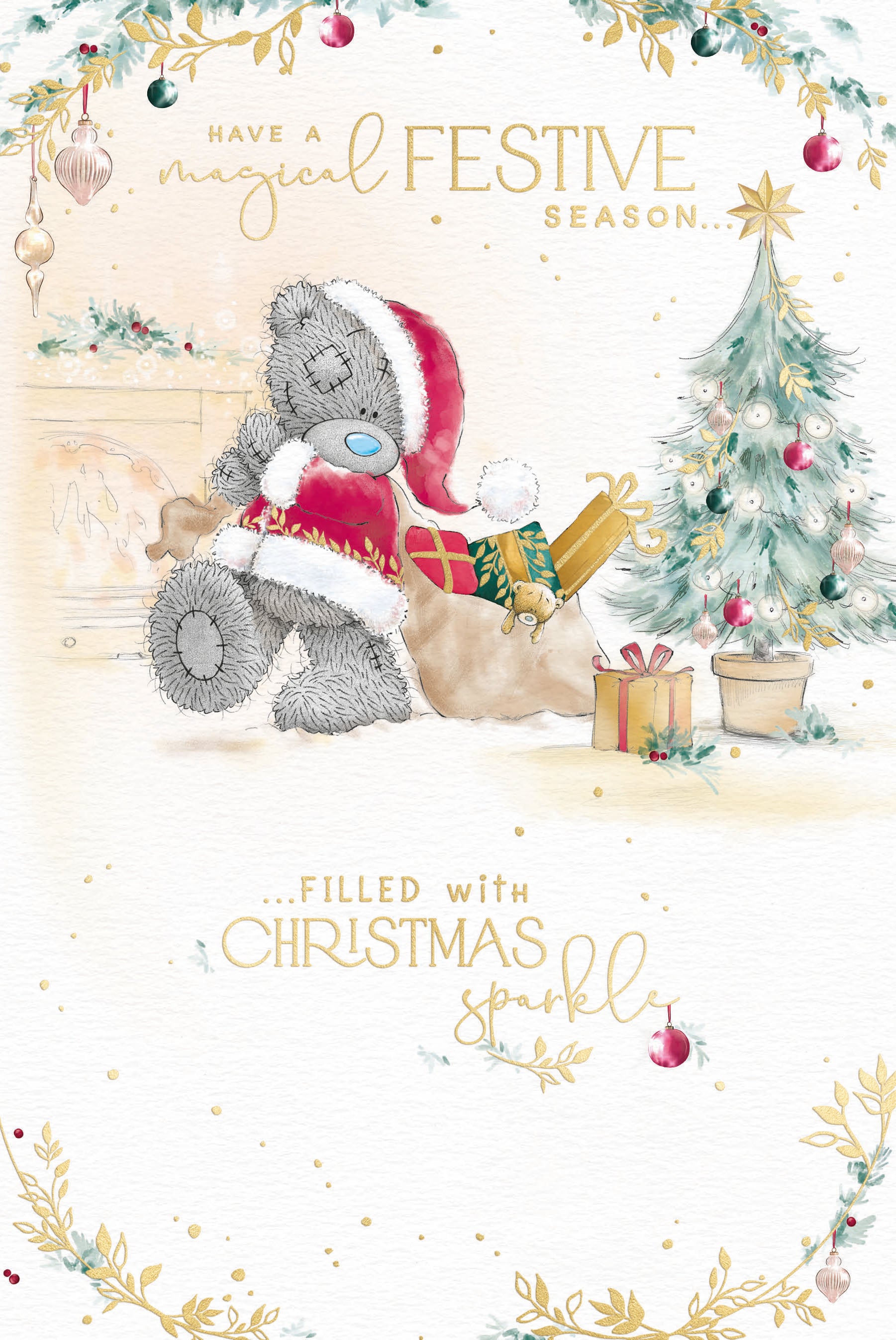 Me to You Tatty Teddy Christmas Card Have A Magical Festive Season Filled With Christmas Sparkle, Tatty Teddy In A Santa Outfit With A Sack Of Gifts By A Christmas Tree, 6 x 9 Inches - Official Collection