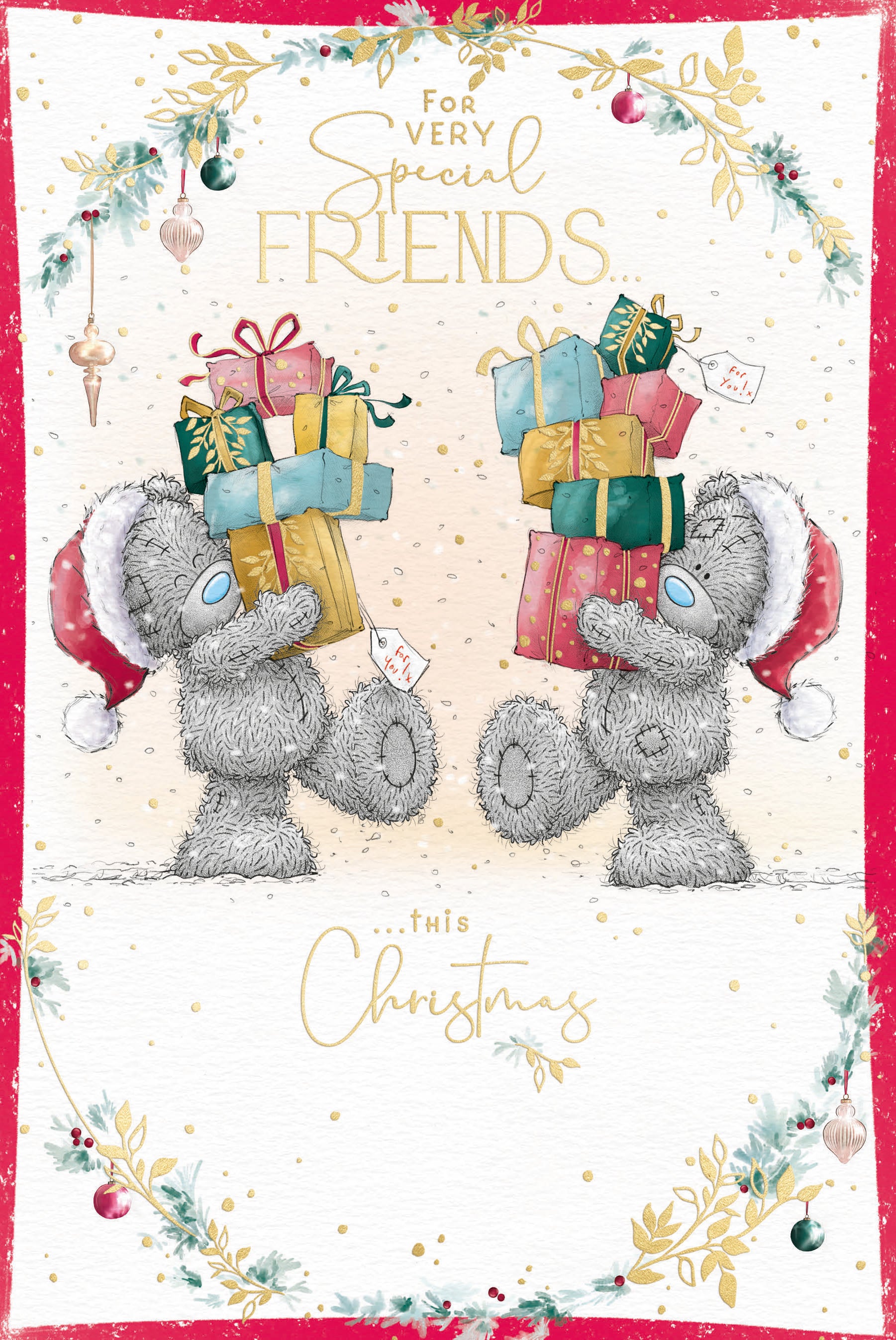 Me to You Tatty Teddy Christmas Card To Very Special Friends, Two Tatty Teddy Bears Carrying Christmas Gifts Together, 6 x 9 Inches - Official Collection