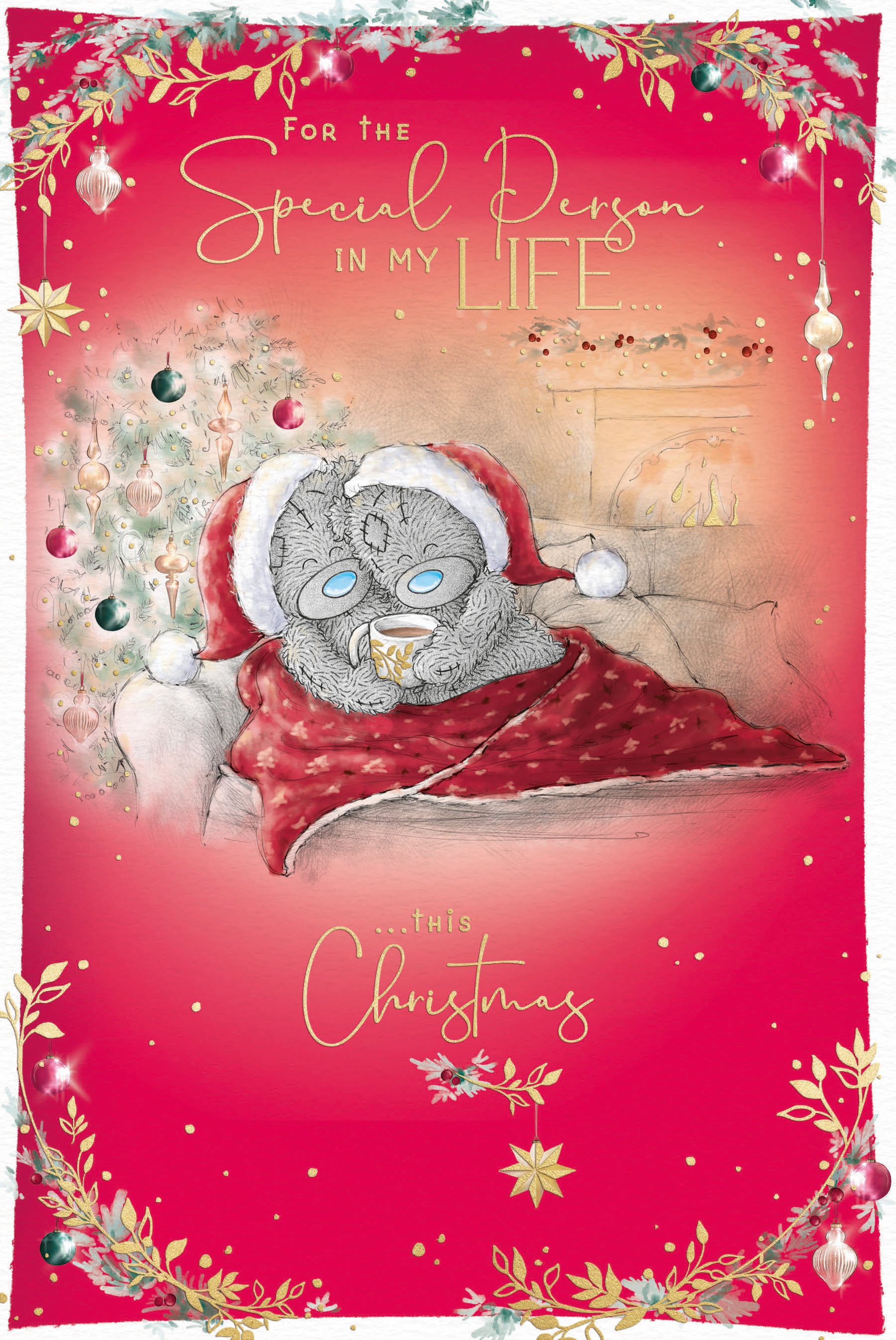 Me to You Tatty Teddy Christmas Card For The Special Person In My Life, Tatty Teddy Snuggled Under A Blanket By The Christmas Tree, 6 x 9 Inches - Official Collection