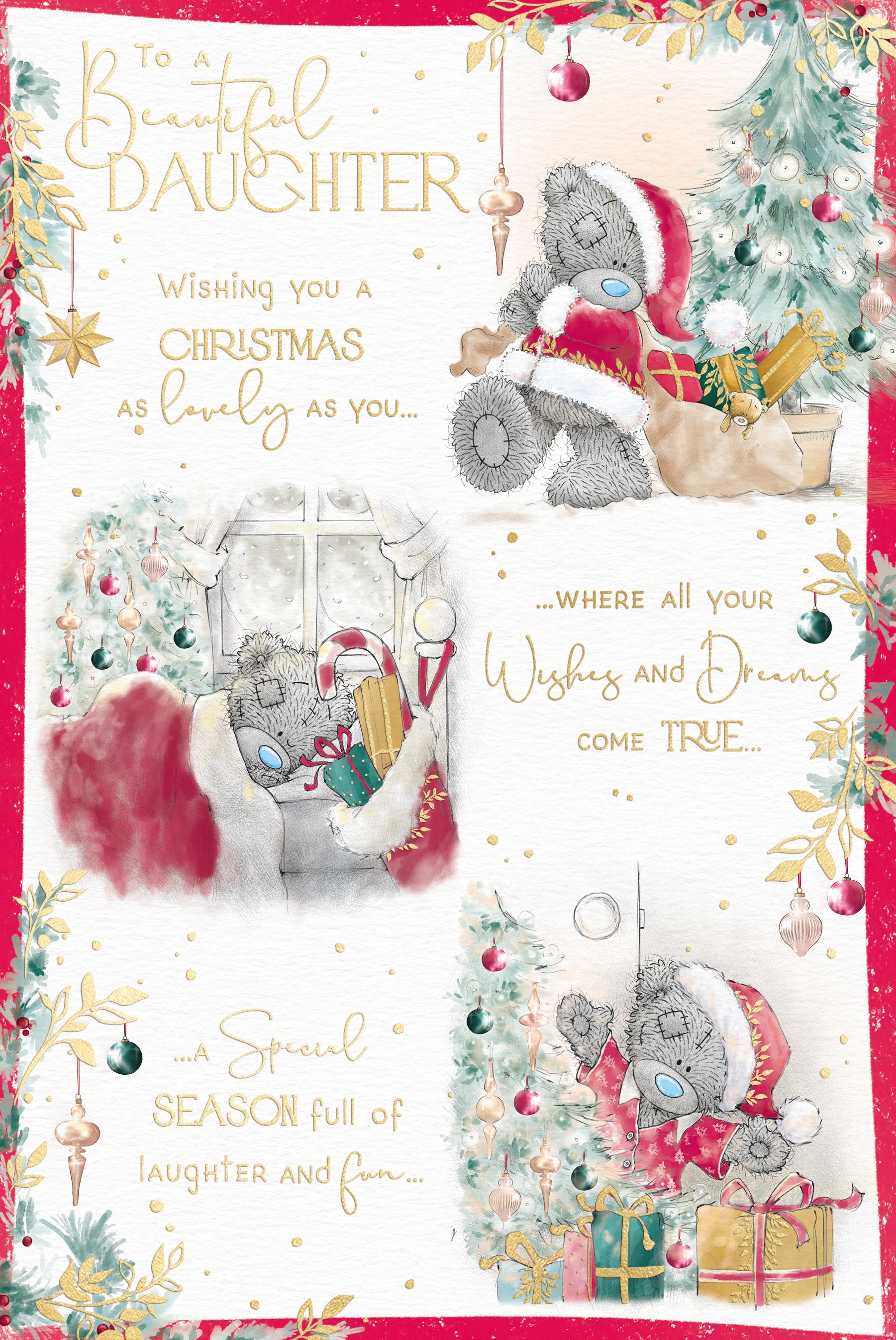 Me to You Tatty Teddy Christmas Card To A Beautiful Daughter, Tatty Teddy In A Santa Outfit With Presents, 6 x 9 Inches - Official Collection