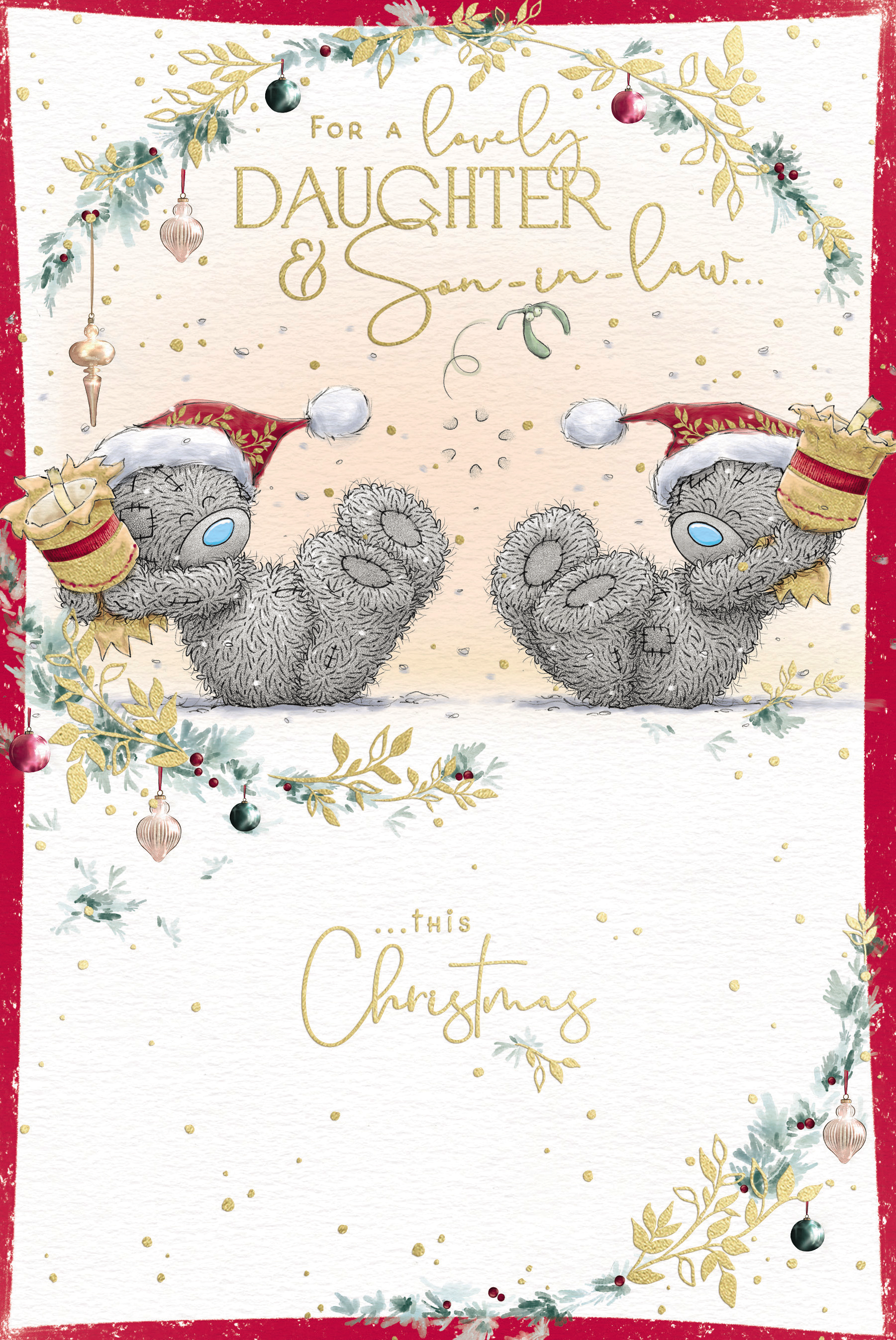 Me to You Tatty Teddy Christmas Card To A Lovely Daughter And Son-In-Law, Two Tatty Teddy Bears Pulling A Large Christmas Cracker, 6 x 9 Inches - Official Collection