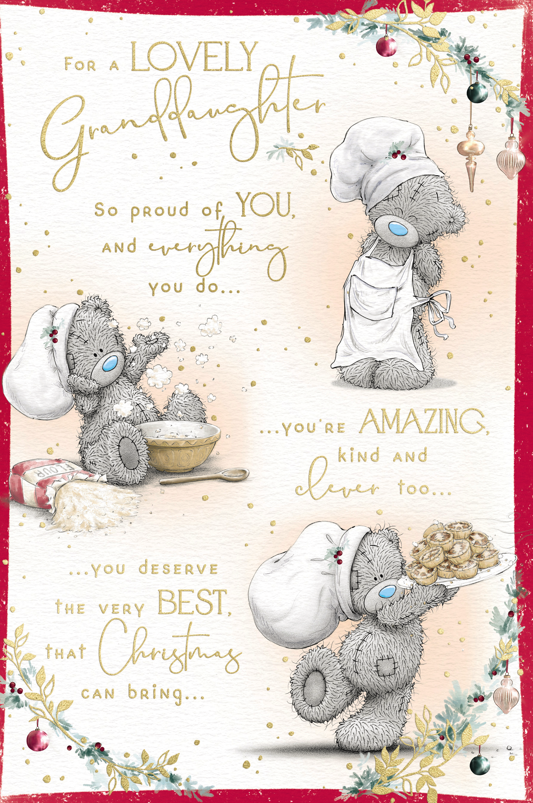 Me to You Tatty Teddy Christmas Card For A Lovely Granddaughter, Tatty Teddy Baking Mince Pies, 6 x 9 Inches - Official Collection