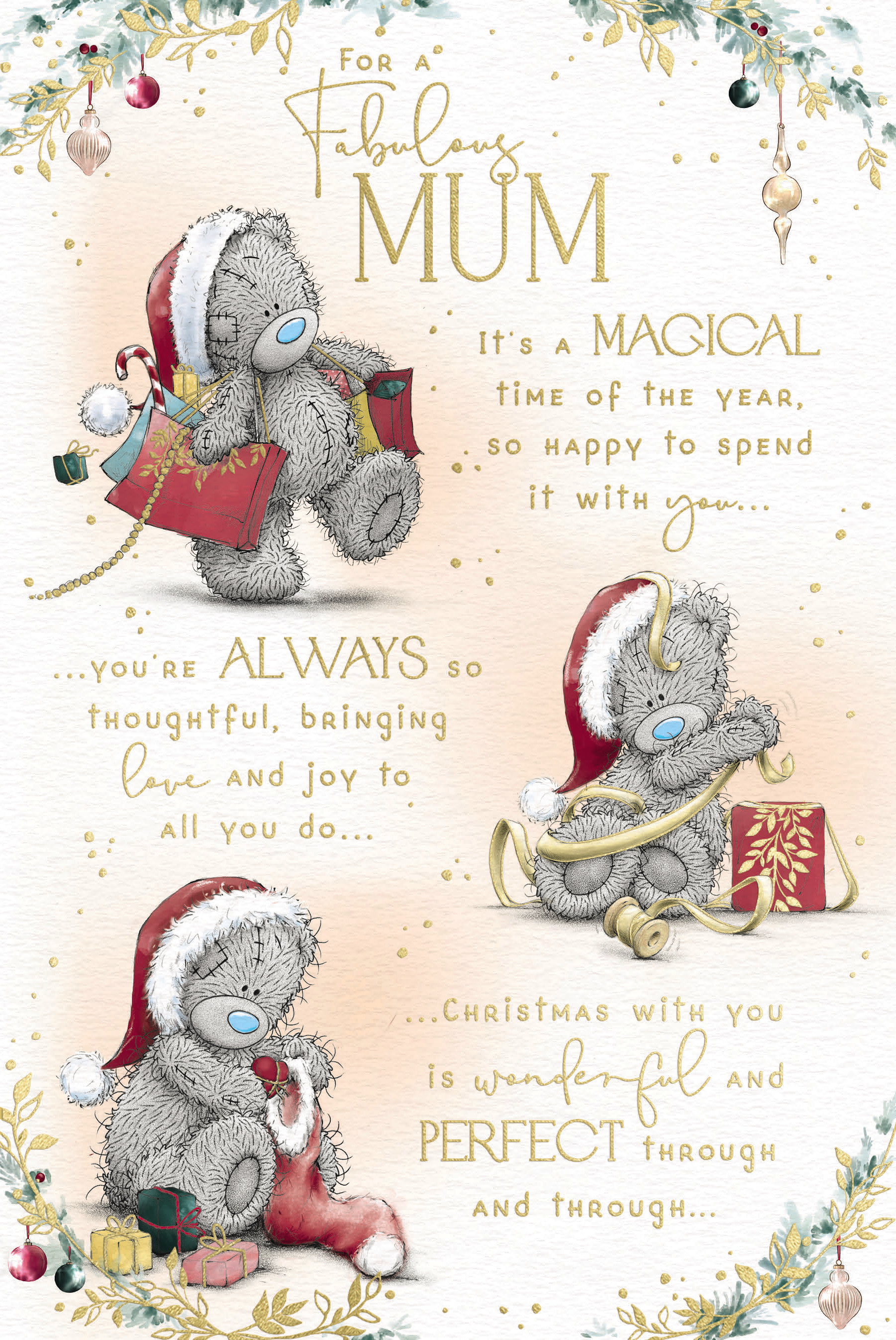 Me to You Tatty Teddy Christmas Card For A Fabulous Mum, Tatty Teddy Carrying Gift Bags Full Of Presents, 6 x 9 Inches - Official Collection