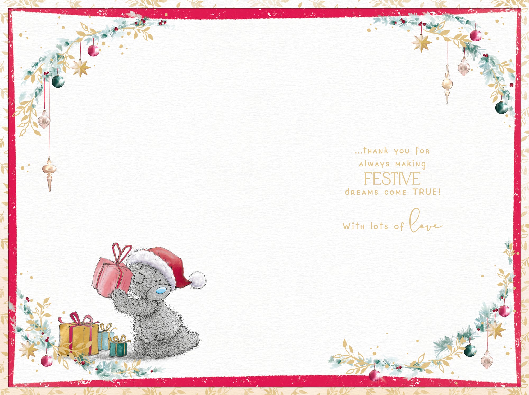 Me to You Tatty Teddy Christmas Card For A Fabulous Mum, Tatty Teddy Carrying Gift Bags Full Of Presents, 6 x 9 Inches - Official Collection