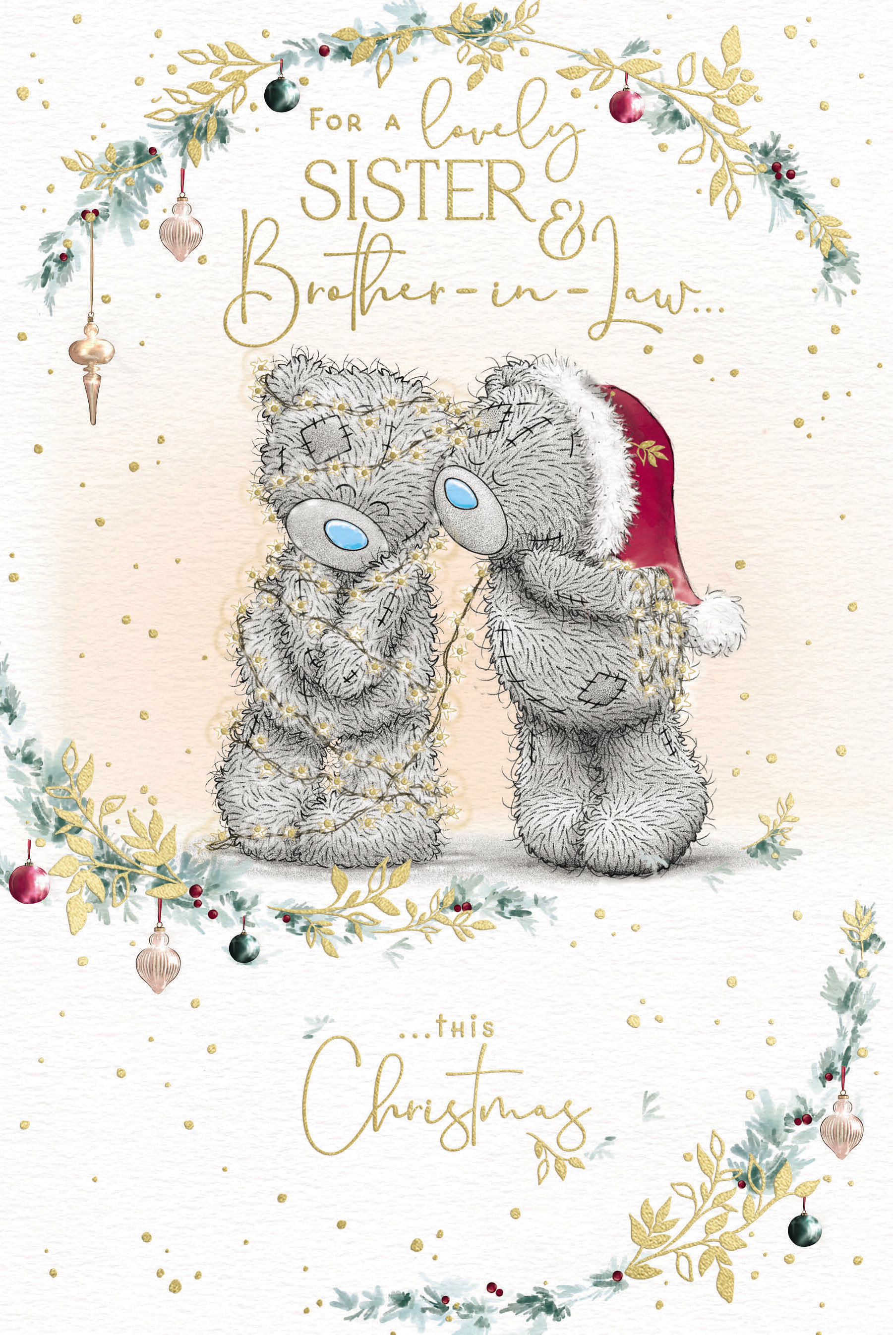 Me to You Tatty Teddy Christmas Card For A Lovely Sister And Brother-In-Law, Two Tatty Teddy Bears Wrapped In Fairy Lights, 6 x 9 Inches - Official Collection