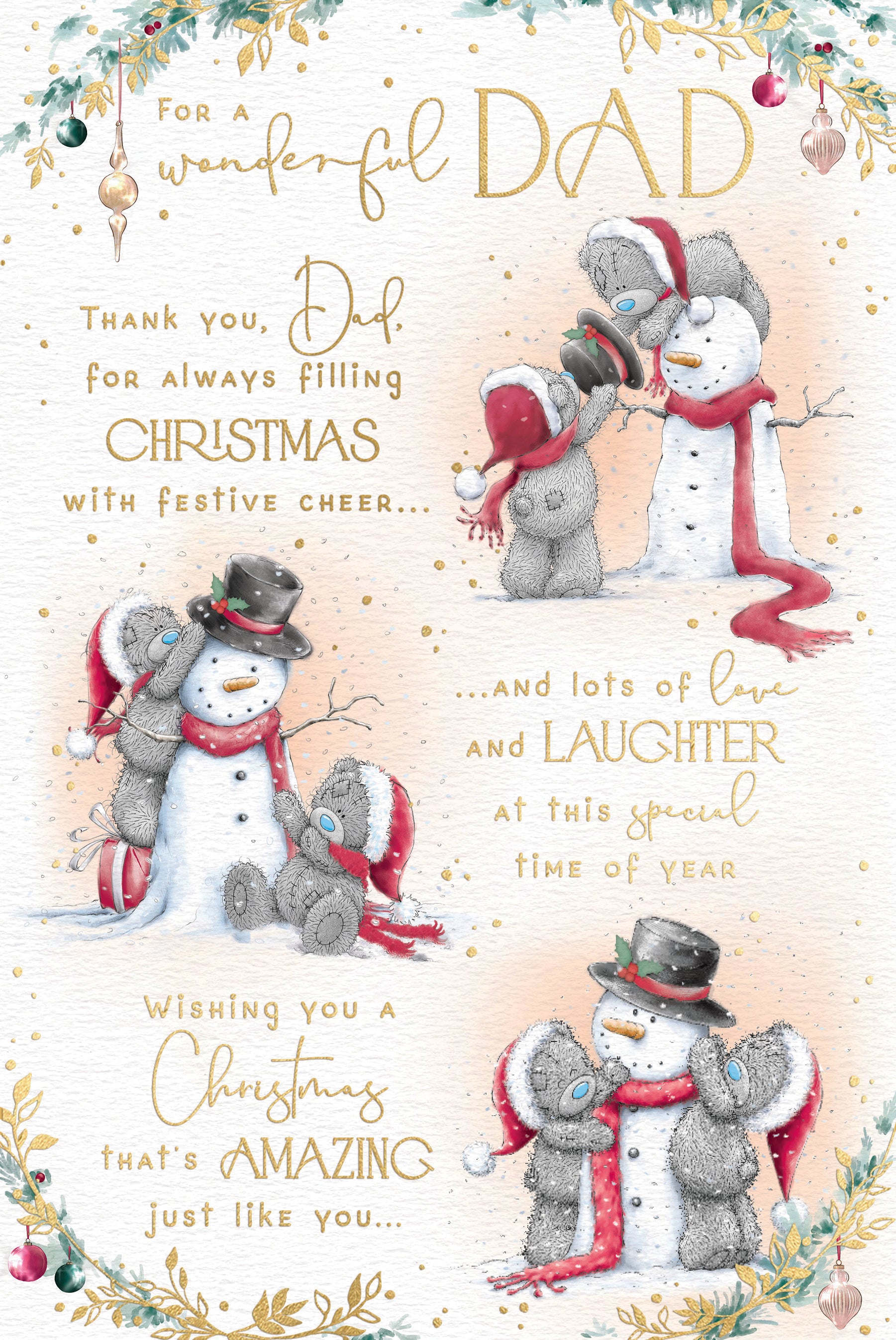 Me To You Christmas Card For A Wonderful Dad, Tatty Teddy Bears With Snowman 6 x 9 Inches - Official Collection