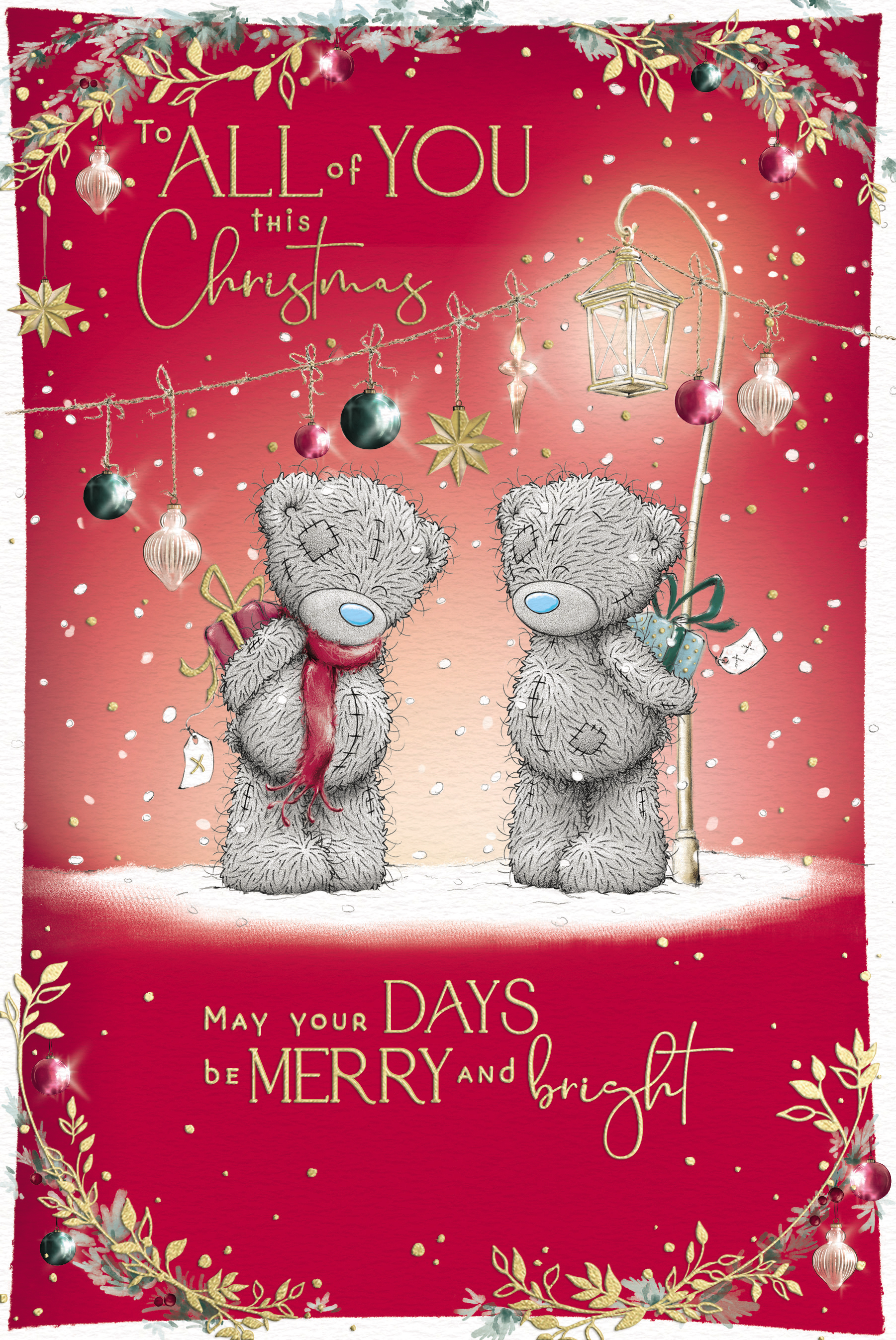 Me to You Tatty Teddy Christmas Card To All Of You, Two Tatty Teddy Bears Standing In The Snow Under A Street Lamp, 6 x 9 Inches - Official Collection