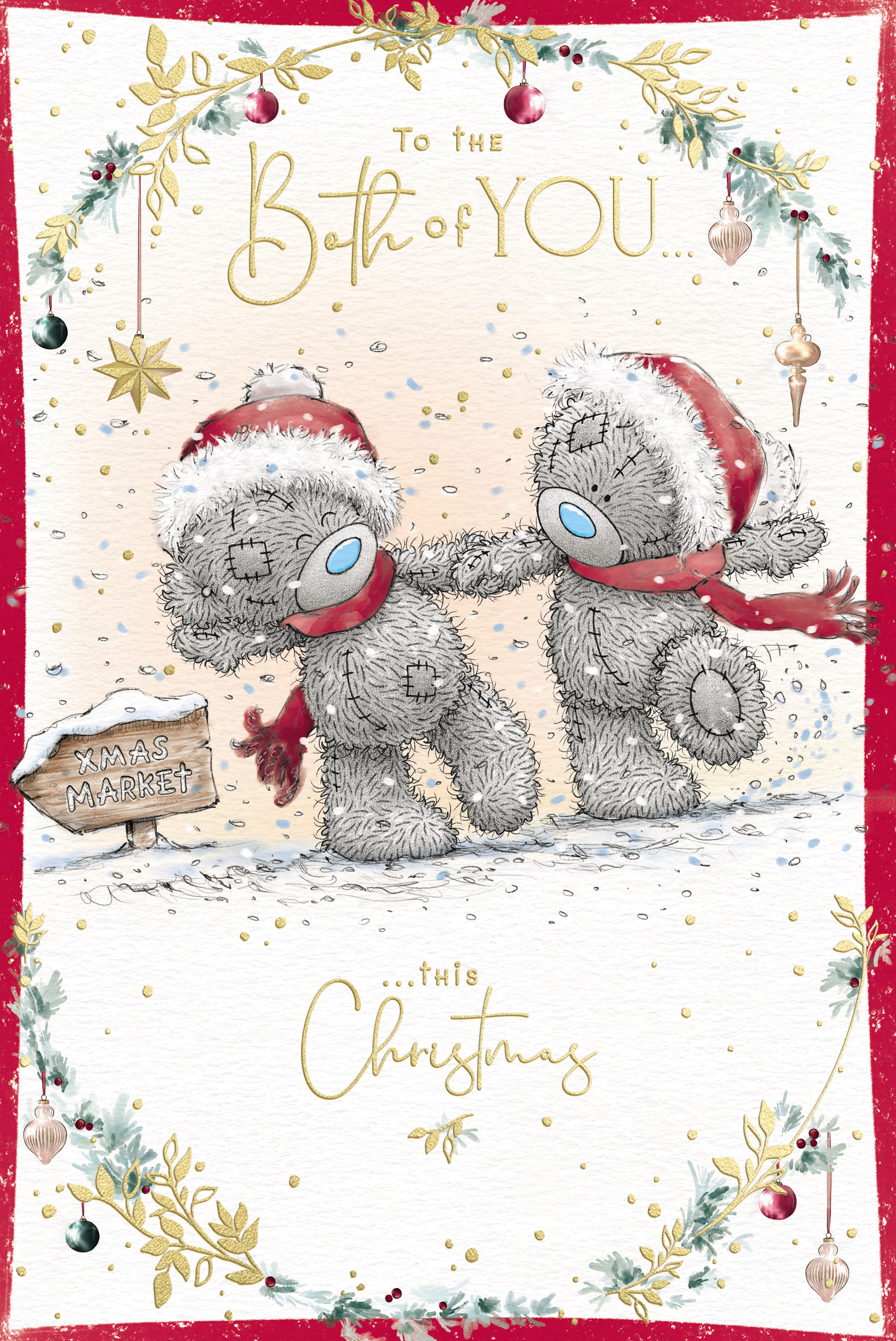 Me to You Tatty Teddy Christmas Card To The Both Of You, Two Tatty Teddy Bears Walking To A Christmas Market In The Snow, 6 x 9 Inches - Official Collection