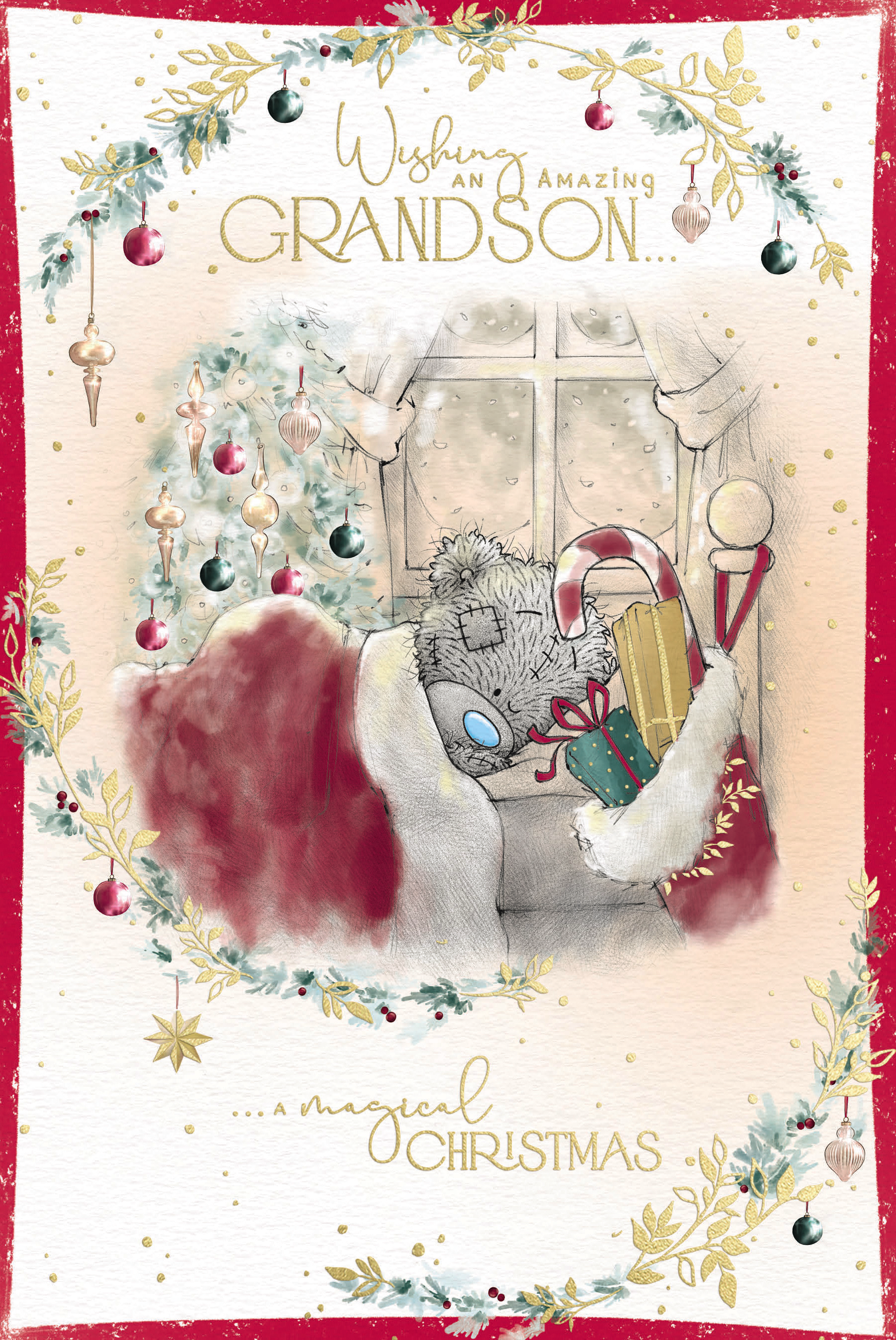 Me to You Tatty Teddy Christmas Card Wishing An Amazing Grandson A Magical Christmas, Tatty Teddy Tucked Into Bed Peeking At A Santa Sack , 6 x 9 Inches - Official Collection