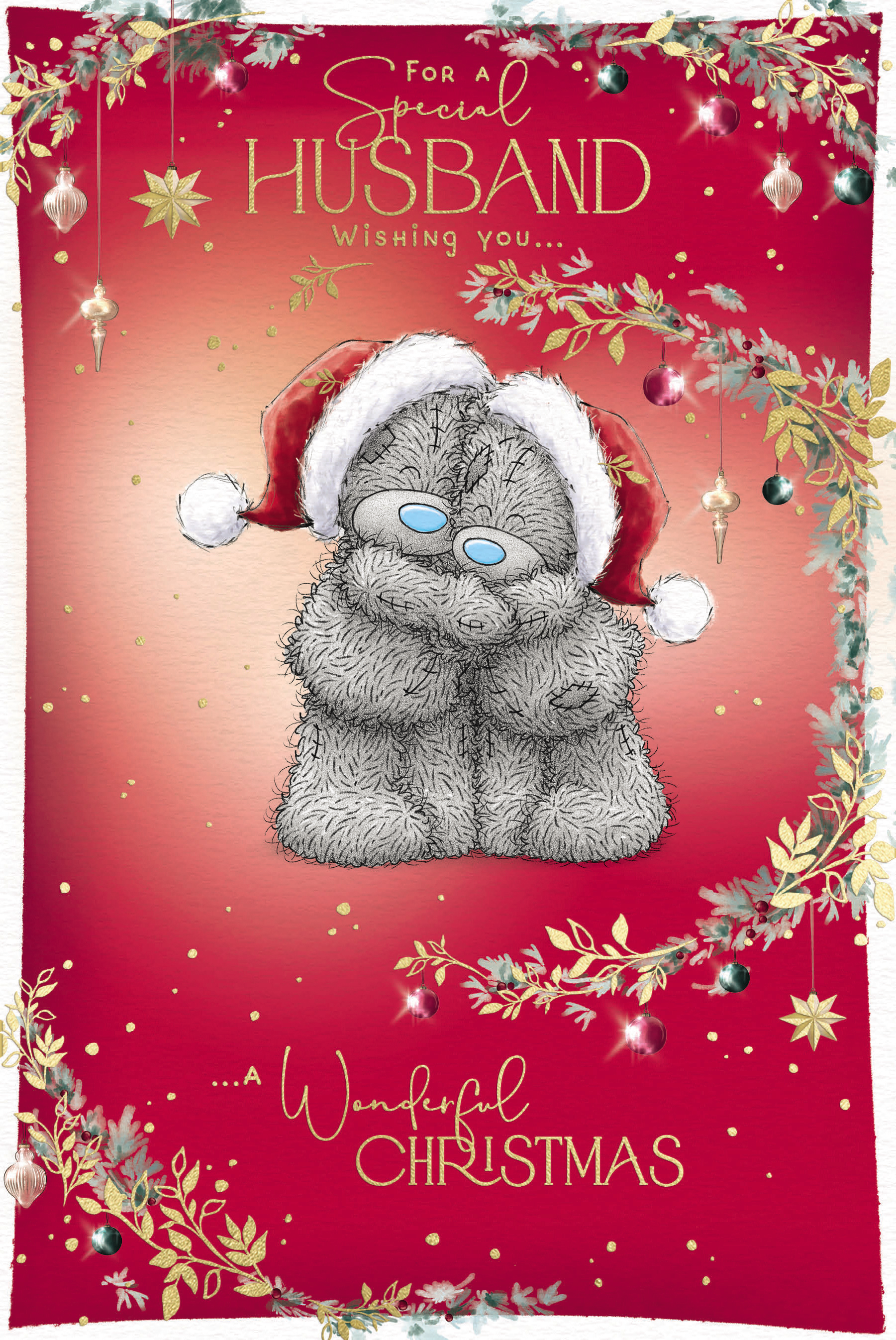 Me to You Tatty Teddy Christmas Card For A Special Husband, Two Tatty Teddy Bears Sharing A Hug In Santa Hats, 6 x 9 Inches - Official Collection