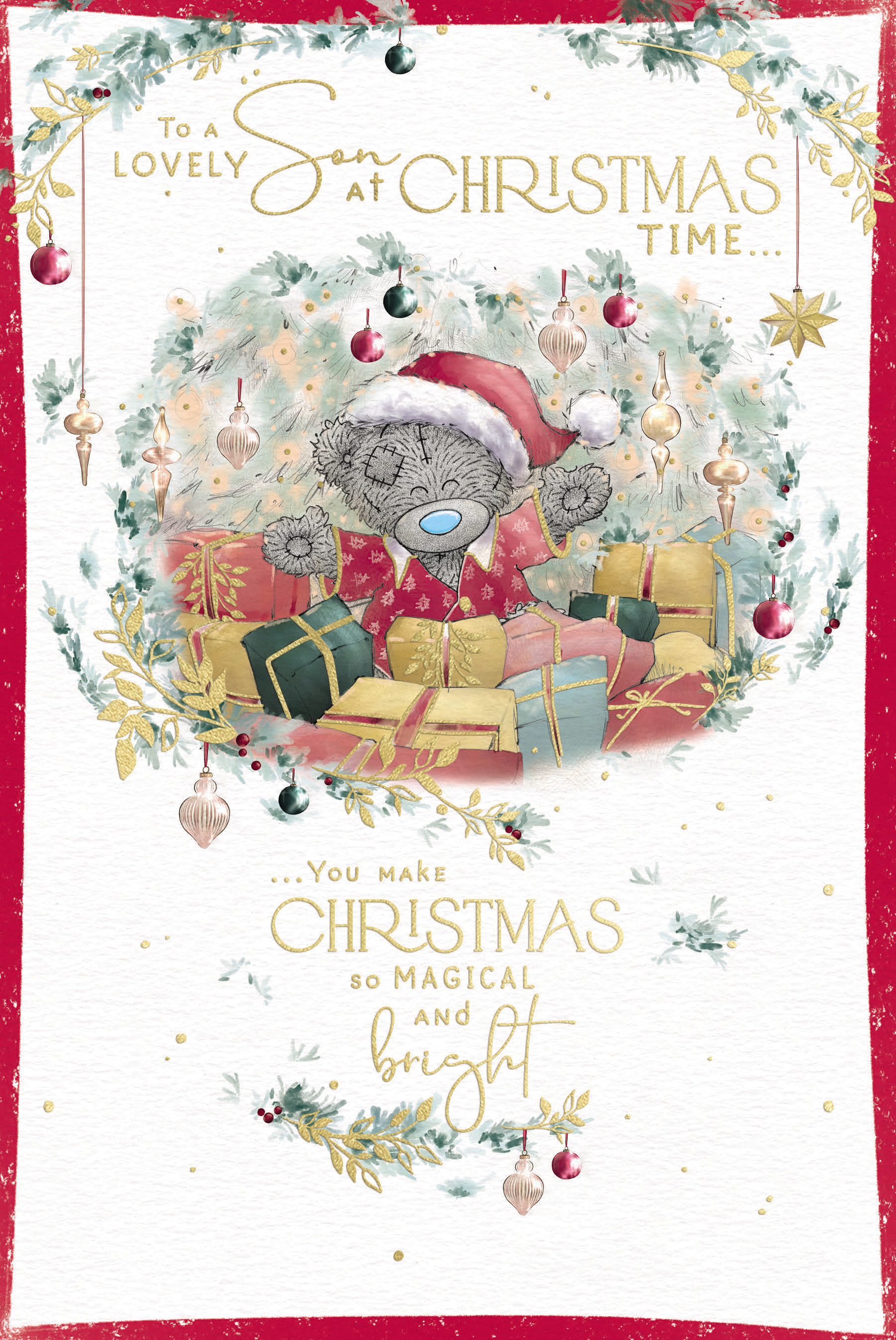 Me to You Tatty Teddy Christmas Card To A Lovely Son At Christmas Time, Tatty Teddy In A Santa Hat Surrounded By Presents, 6 x 9 Inches - Official Collection