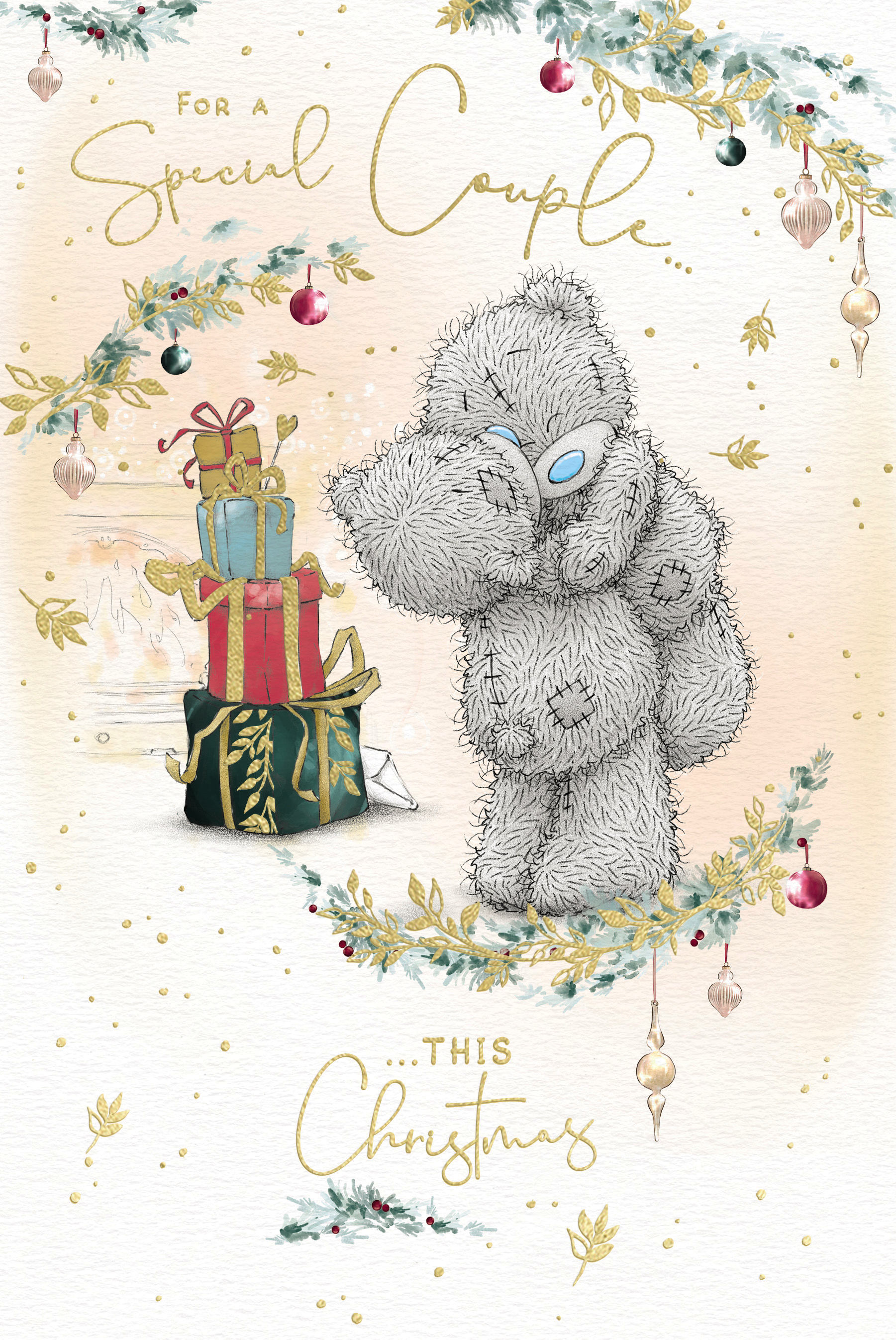 Me to You Tatty Teddy Christmas Card For A Special Couple, Tatty Teddy Standing Beside A Stack Of Christmas Presents, 6 x 9 Inches - Official Collection