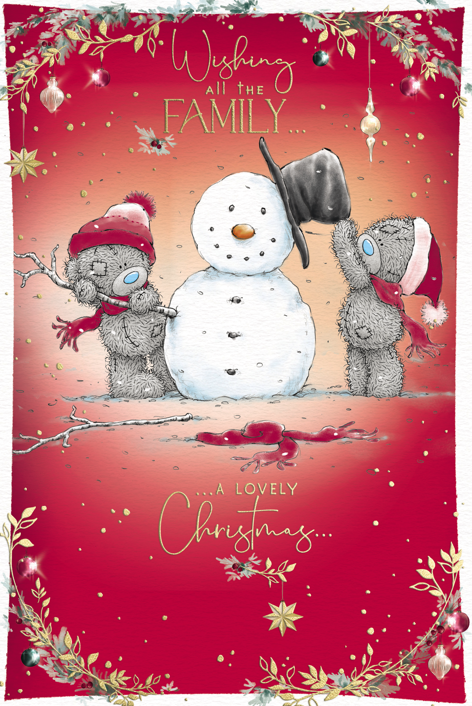 Me to You Tatty Teddy Christmas Card Wishing All The Family A Lovely Christmas, Two Tatty Teddy Bears Building A Snowman Together, 6 x 9 Inches - Official Collection
