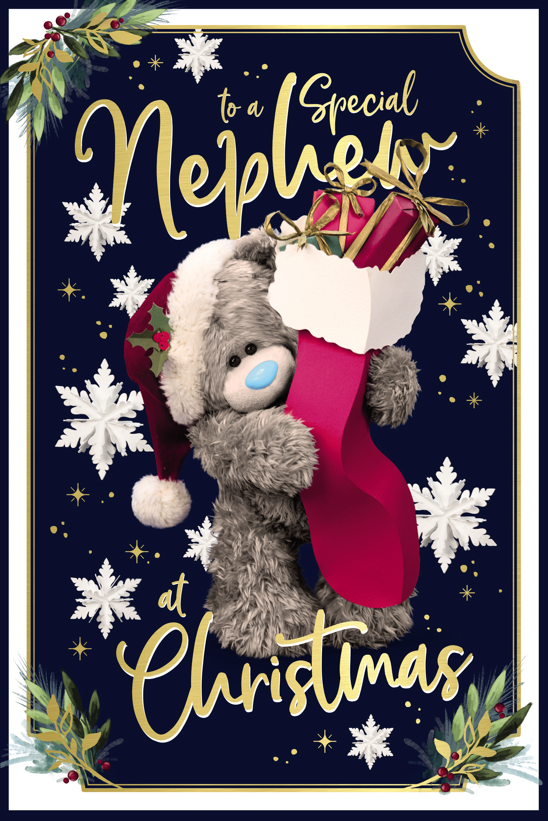 Me to You Tatty Teddy Photo Finish Christmas Card To A Special Nephew, Tatty Teddy In A Santa Hat Holding A Stocking Full Of Presents, 6 x 9 Inches - Official Collection
