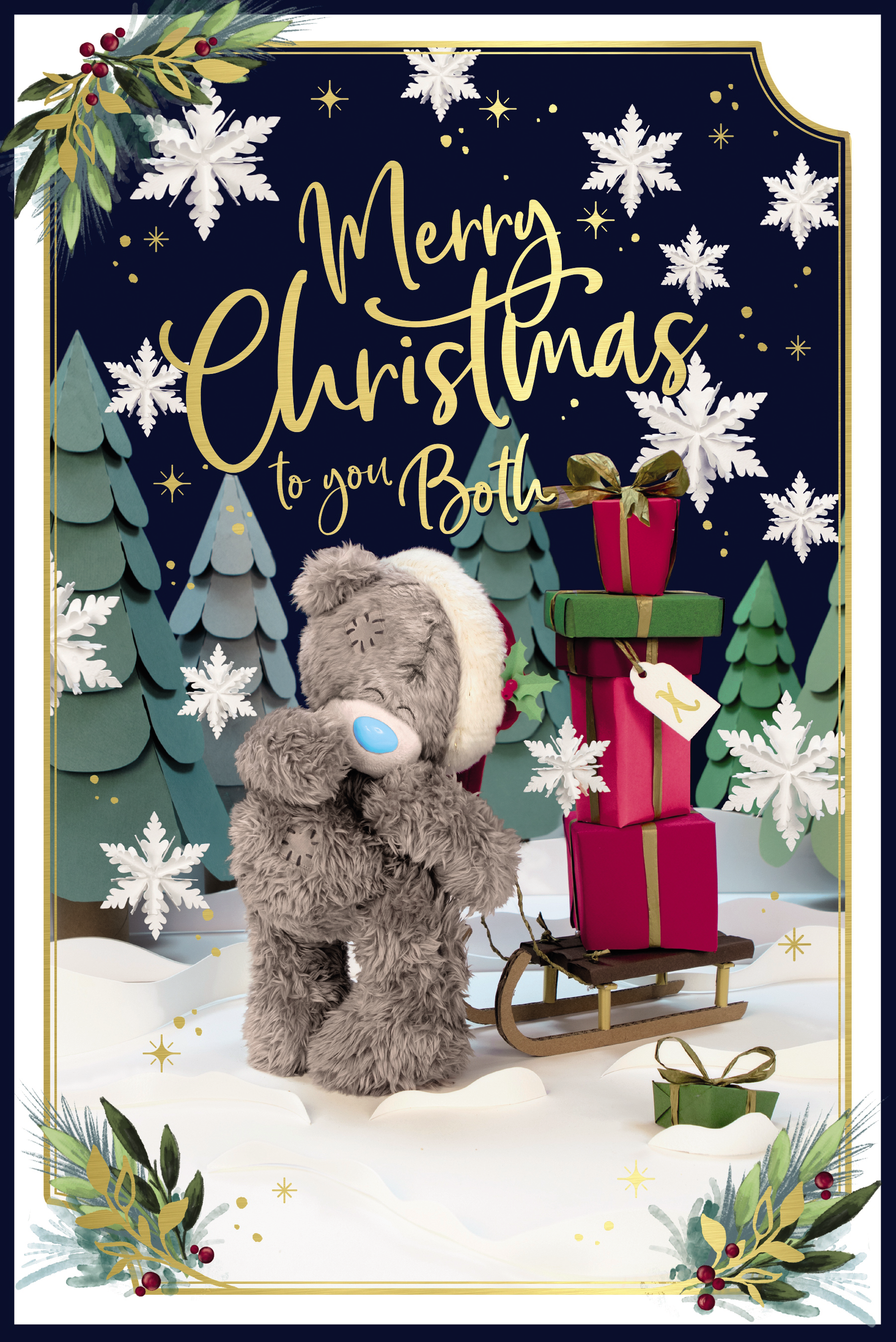Me to You Tatty Teddy Photo Finish Christmas Card To You Both, Tatty Teddy Pulling A Sledge Stacked With Presents, 6 x 9 Inches - Official Collection