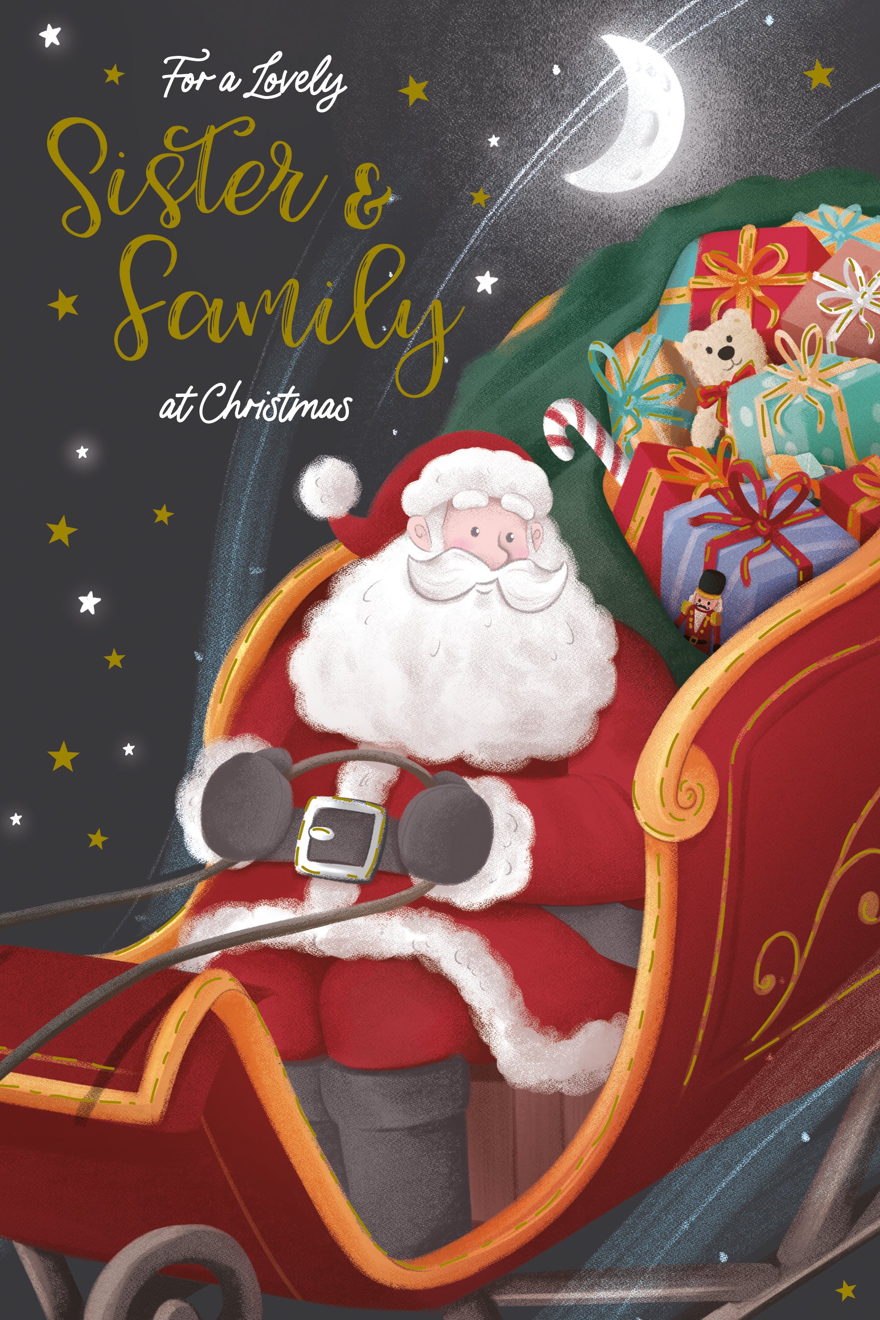 Luxury Christmas Card For A Lovely Sister And Family, Featuring Santa In His Sleigh - Wishing Well Studios 6 X 9 Inches
