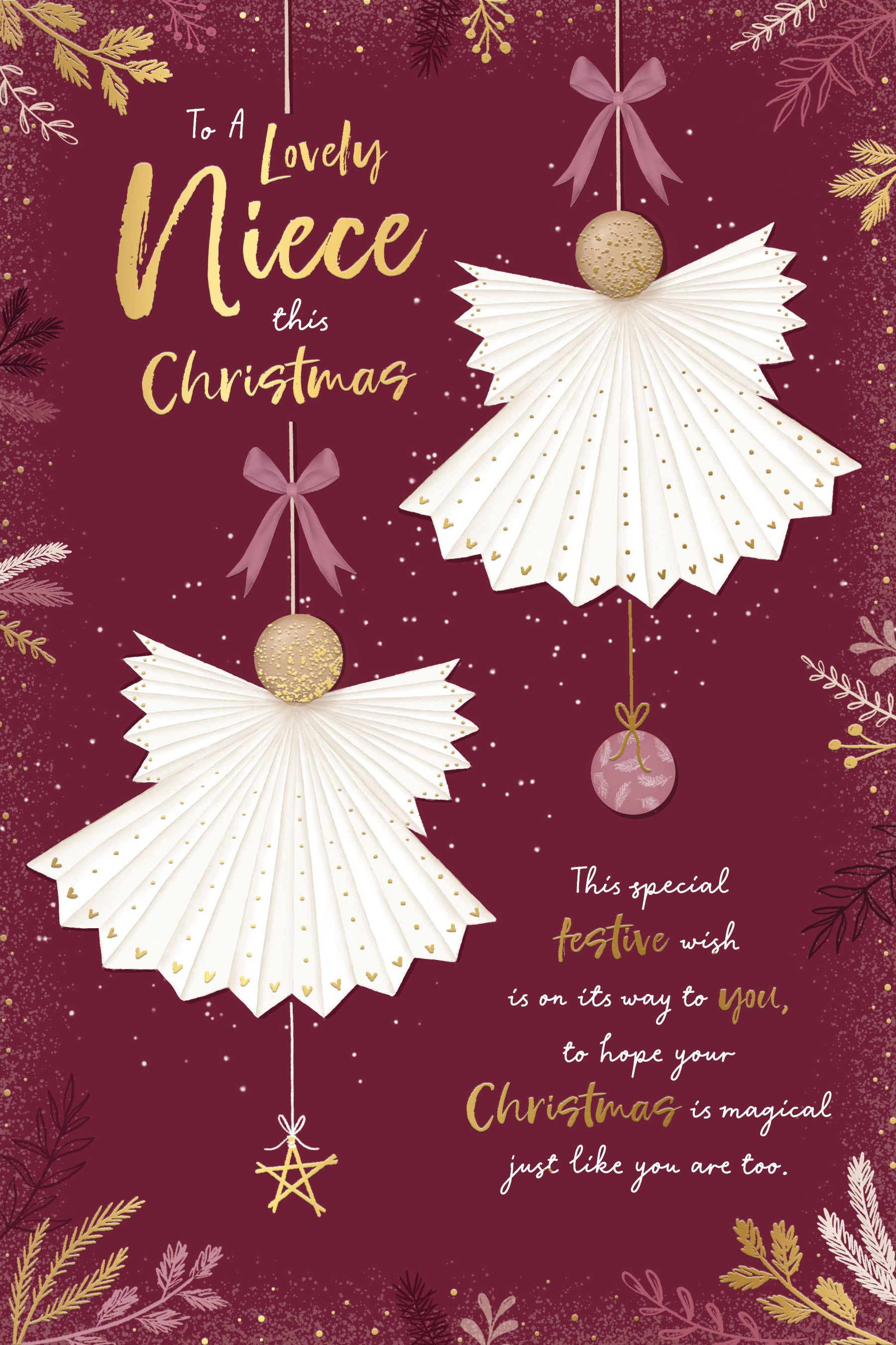Luxury Christmas Card To A Lovely Niece, Featuring Paper Angel Baubles - Wishing Well Studios 6 X 9 Inches
