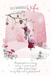 Luxury Christmas Card To A Wonderful Wife, Featuring Two Mice Kissing In The Snow - Wishing Well Studios, 6 x 9 Inches